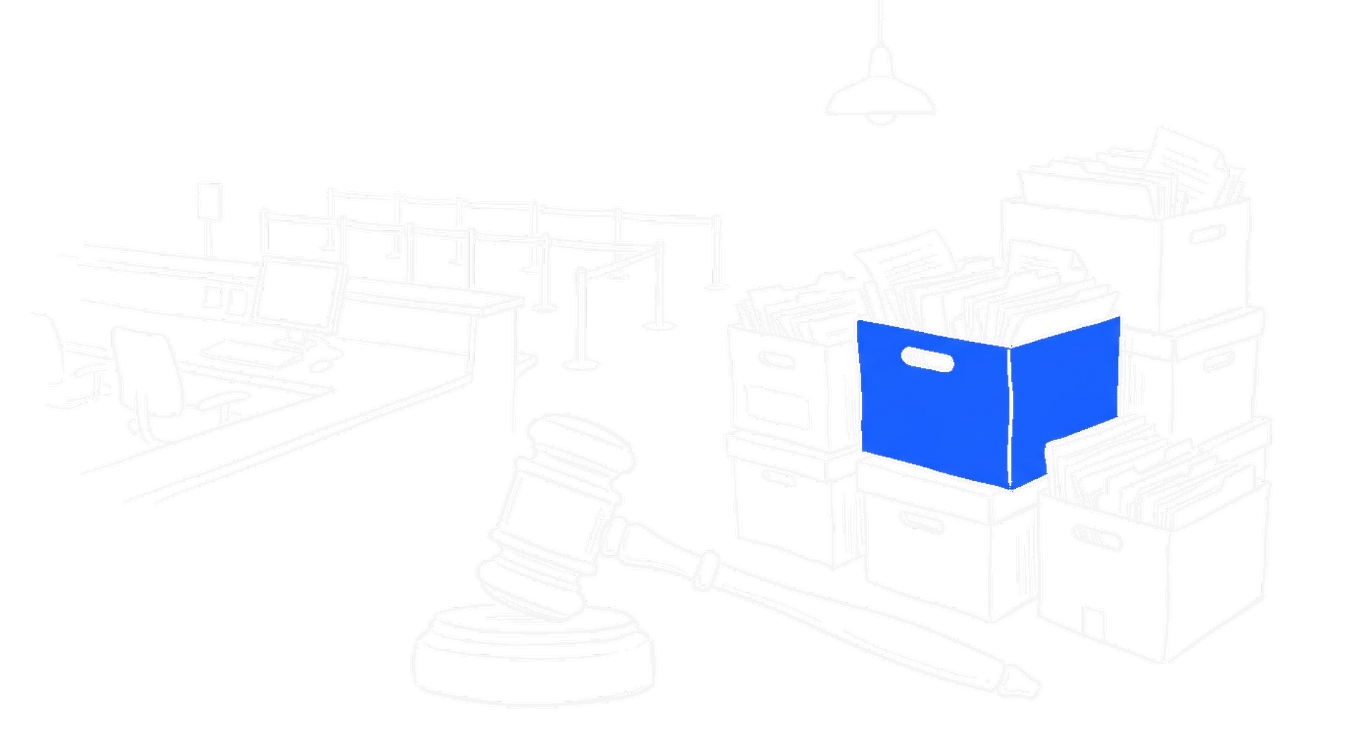 Illustration eines Auktionshammers vor gestapelten Archivkisten mit Akten und einem verlassenen Flughafen-Check-in-Schalter, kinewsletter.ch Stil