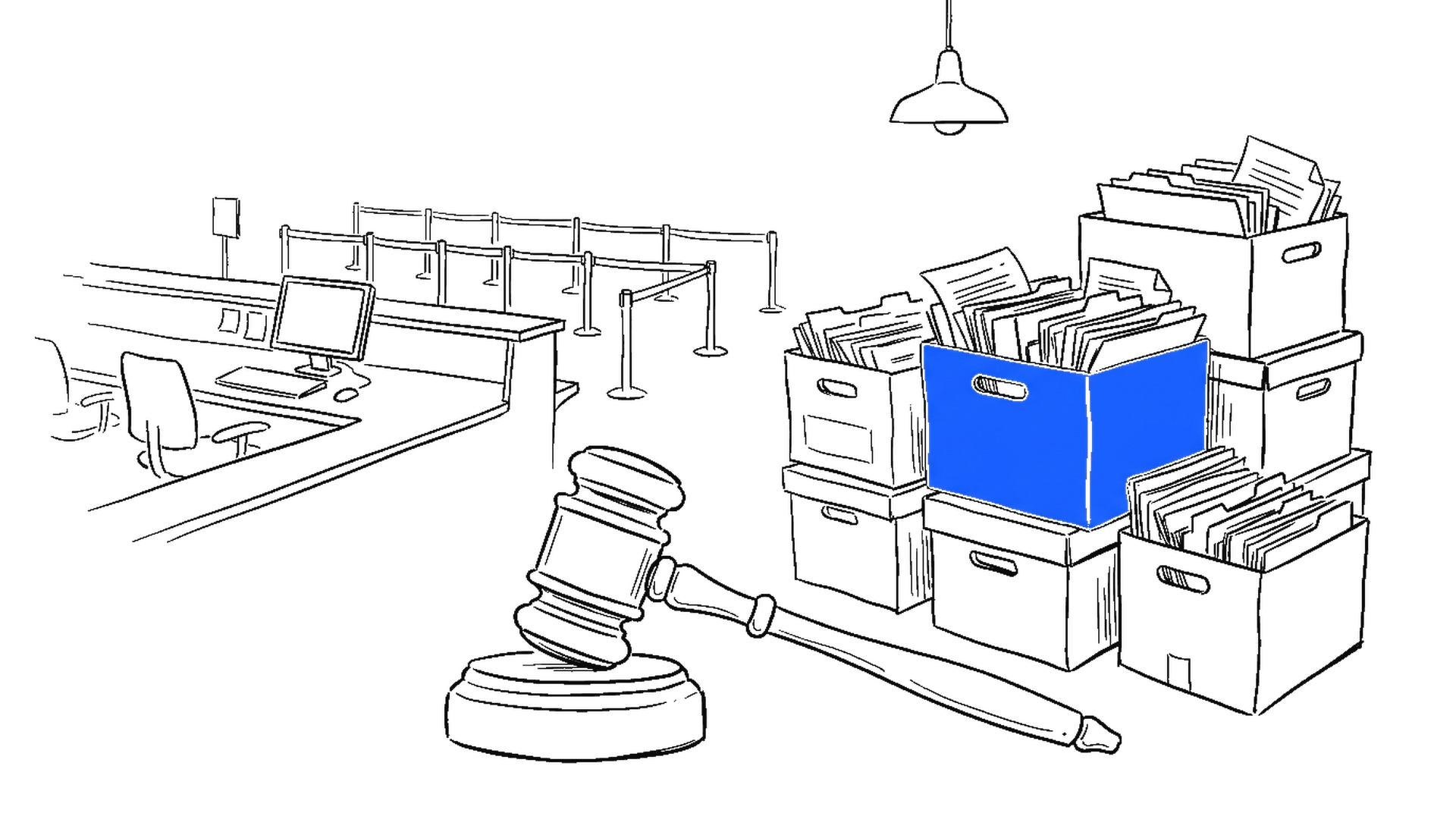 Illustration eines Auktionshammers vor gestapelten Archivkisten mit Akten und einem verlassenen Flughafen-Check-in-Schalter, kinewsletter.ch Stil