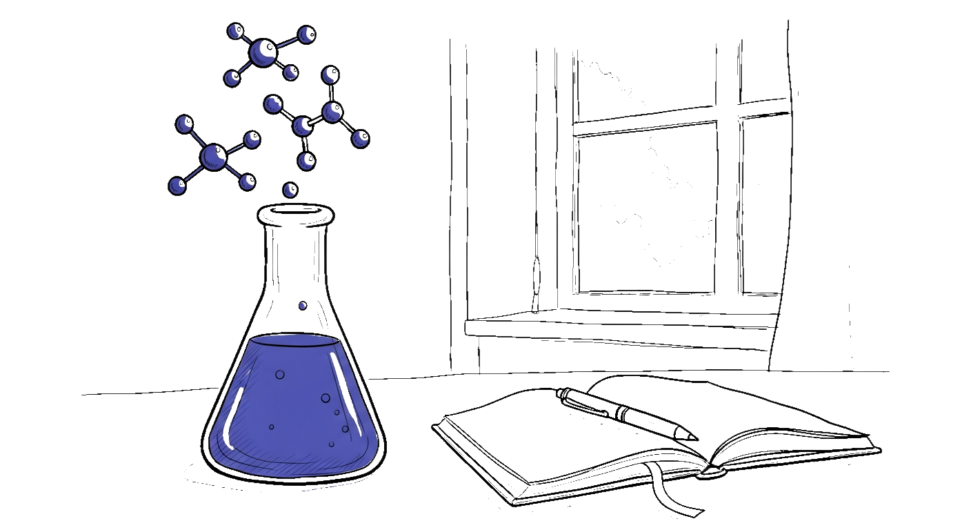 Minimalistische Illustration einer Molekülstruktur an einem Protein, Mikroskop und Erlenmeyerkolben – im Stil von kinewsletter.ch mit türkisem Akzent