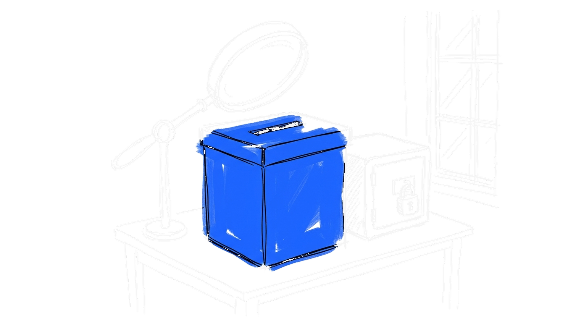 Illustration einer Wahlurne mit Lupe und verschlossenem Tresor, kinewsletter.ch Stil