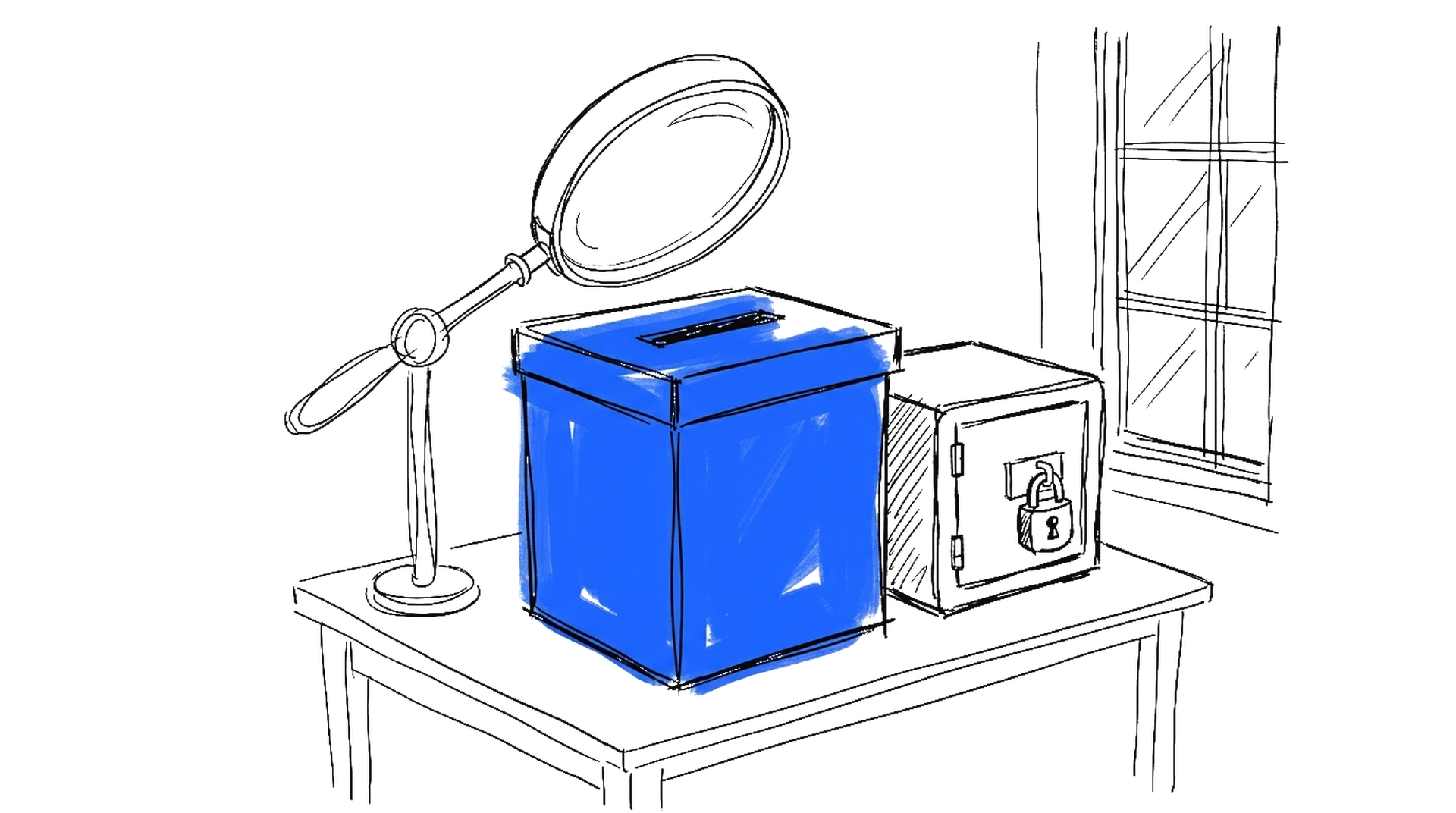 Illustration einer Wahlurne mit Lupe und verschlossenem Tresor, kinewsletter.ch Stil