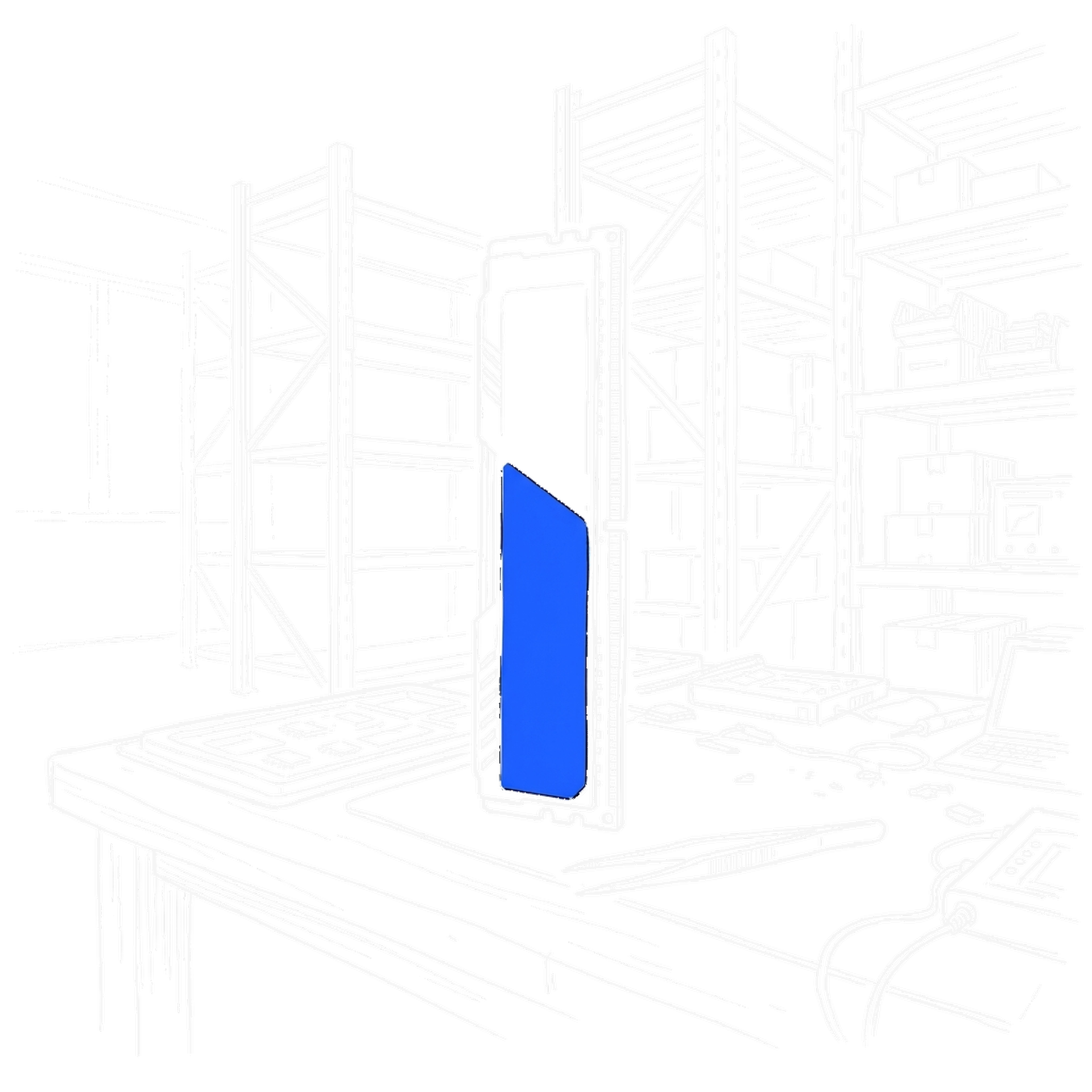 Illustration eines Speichermoduls auf einer Werkbank vor einem leeren Lagerregal, kinewsletter.ch Stil