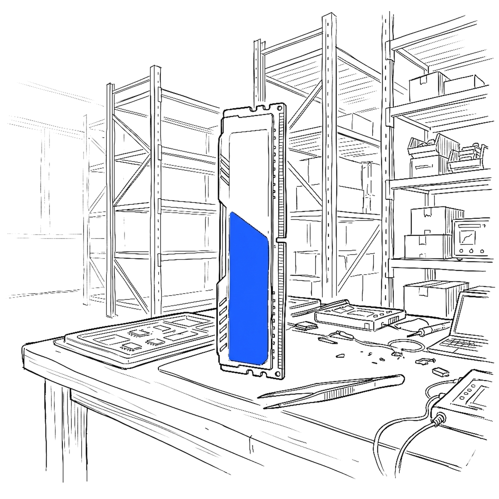 Illustration eines Speichermoduls auf einer Werkbank vor einem leeren Lagerregal, kinewsletter.ch Stil