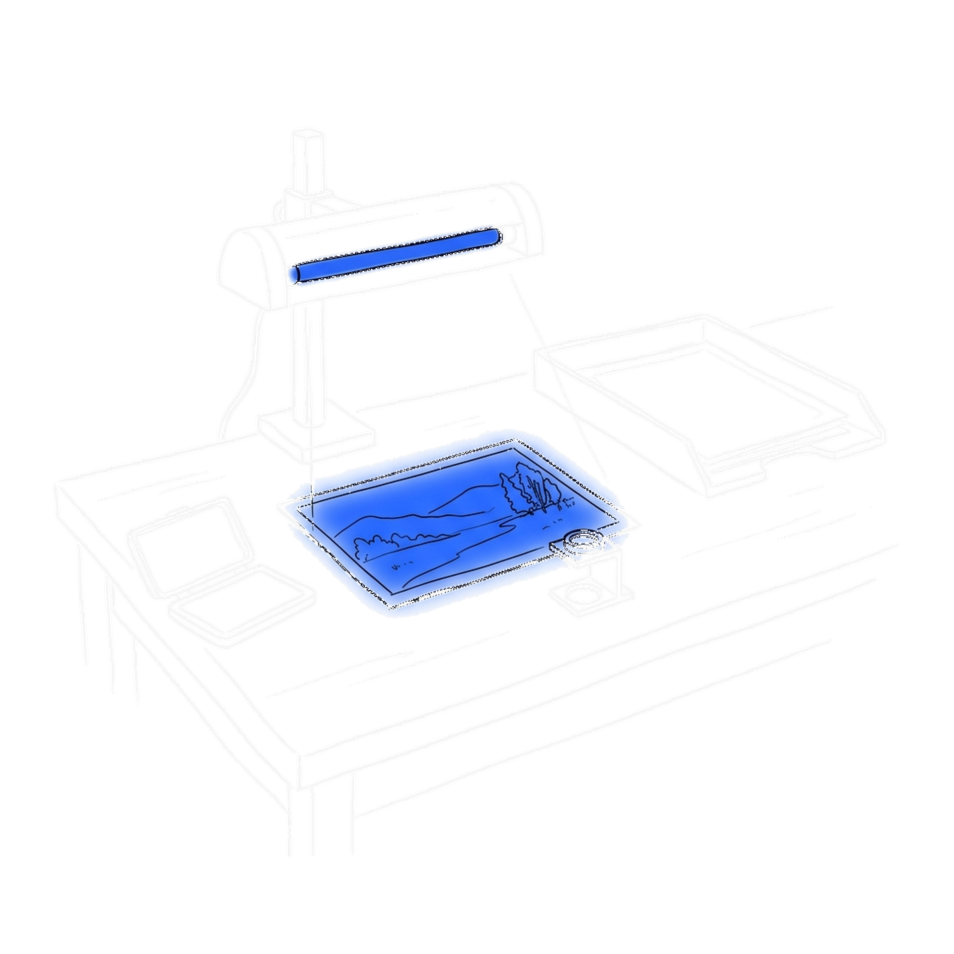 Handgezeichnete Skizze eines Prüftischs mit UV-Lampe über einem blau leuchtenden Foto, daneben Lupe, Stempelkissen und Ablage