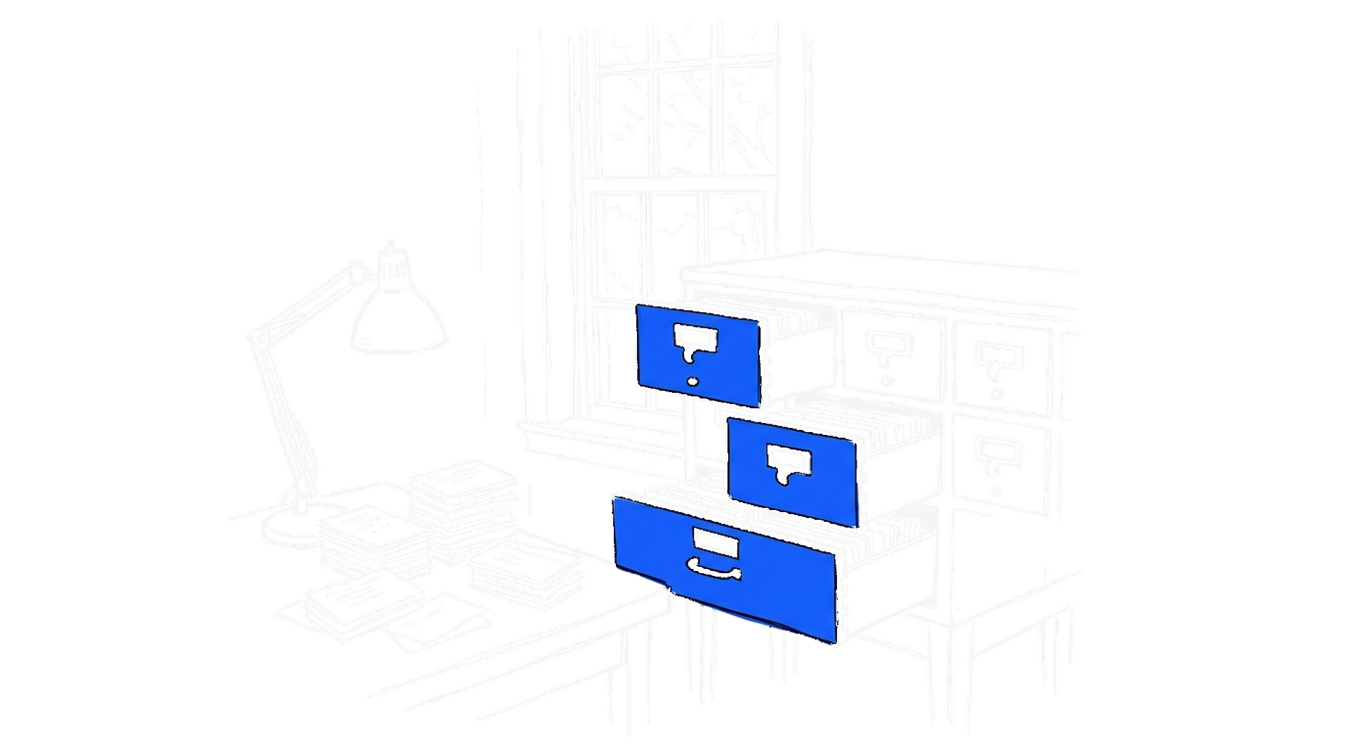 Skizze eines Bibliotheks-Zettelkastens mit drei offenen Schubladen, Schreibtischlampe und Kartenstapel, kinewsletter.ch Stil