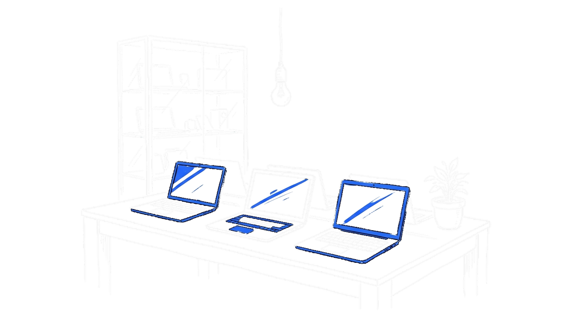 Illustration eines Ladentischs mit drei aufgeklappten Laptops vor einer Glasvitrine, kinewsletter.ch Stil