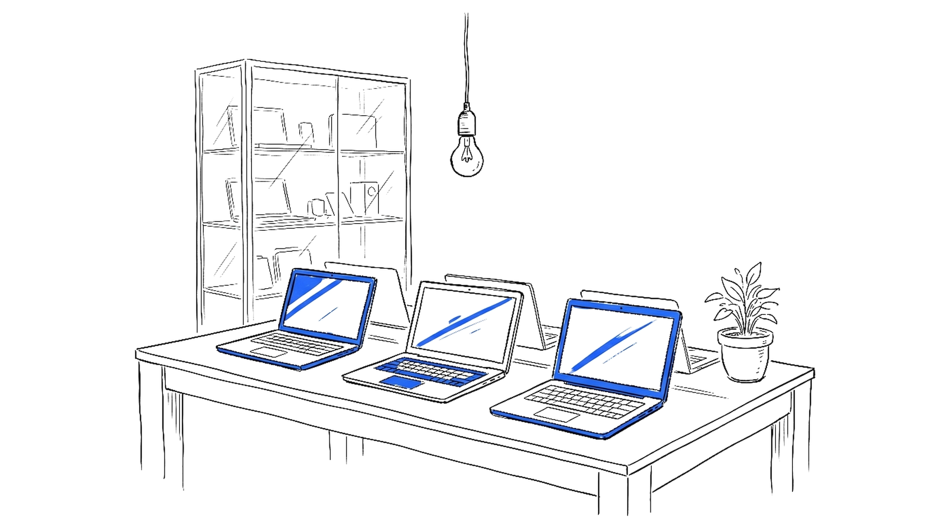 Illustration eines Ladentischs mit drei aufgeklappten Laptops vor einer Glasvitrine, kinewsletter.ch Stil