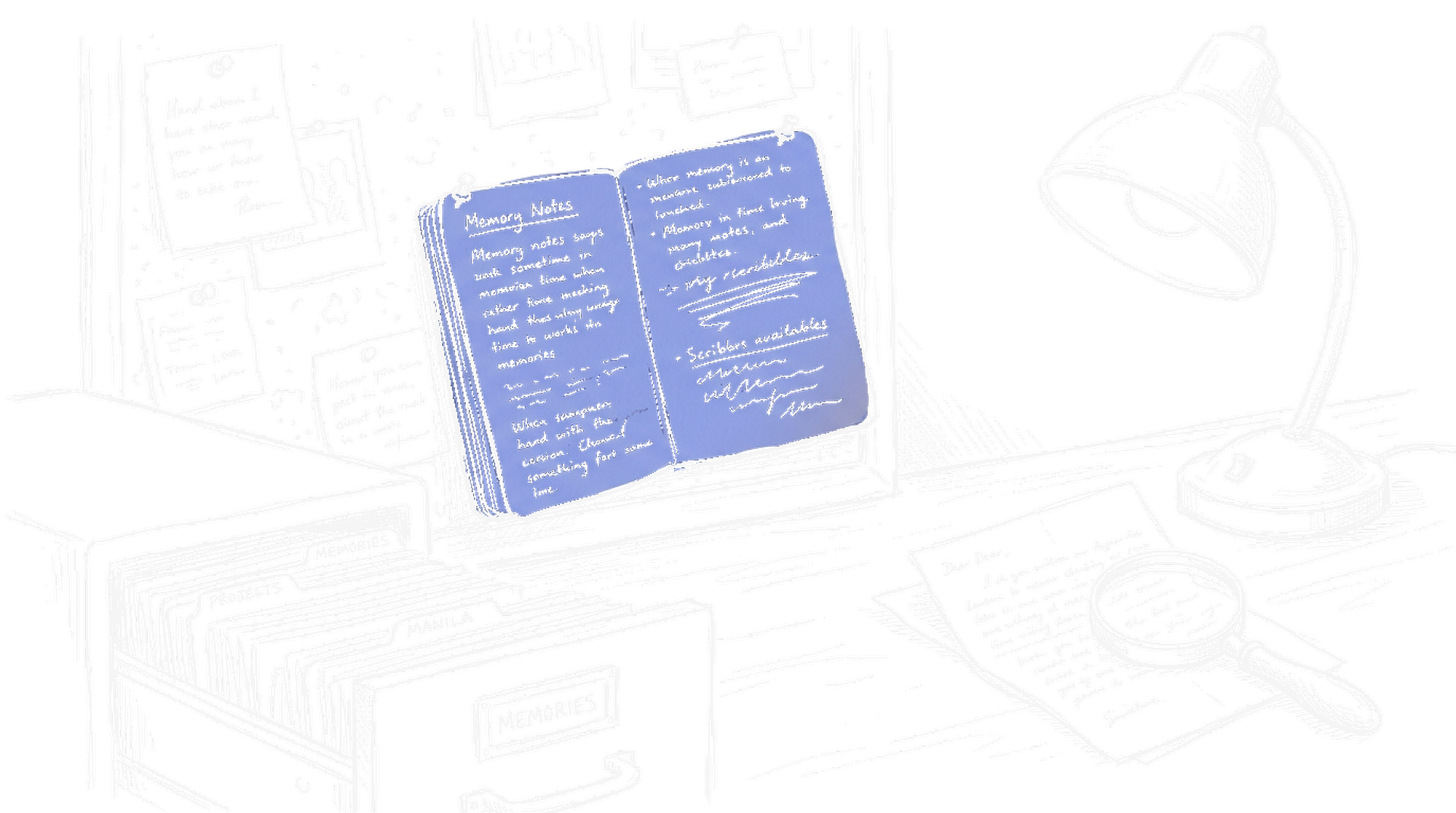 Aufgeschlagenes Notizbuch mit Memory-Notizen, Aktenschrank mit Karteikarten, Lupe auf altem Brief, Dark Mode