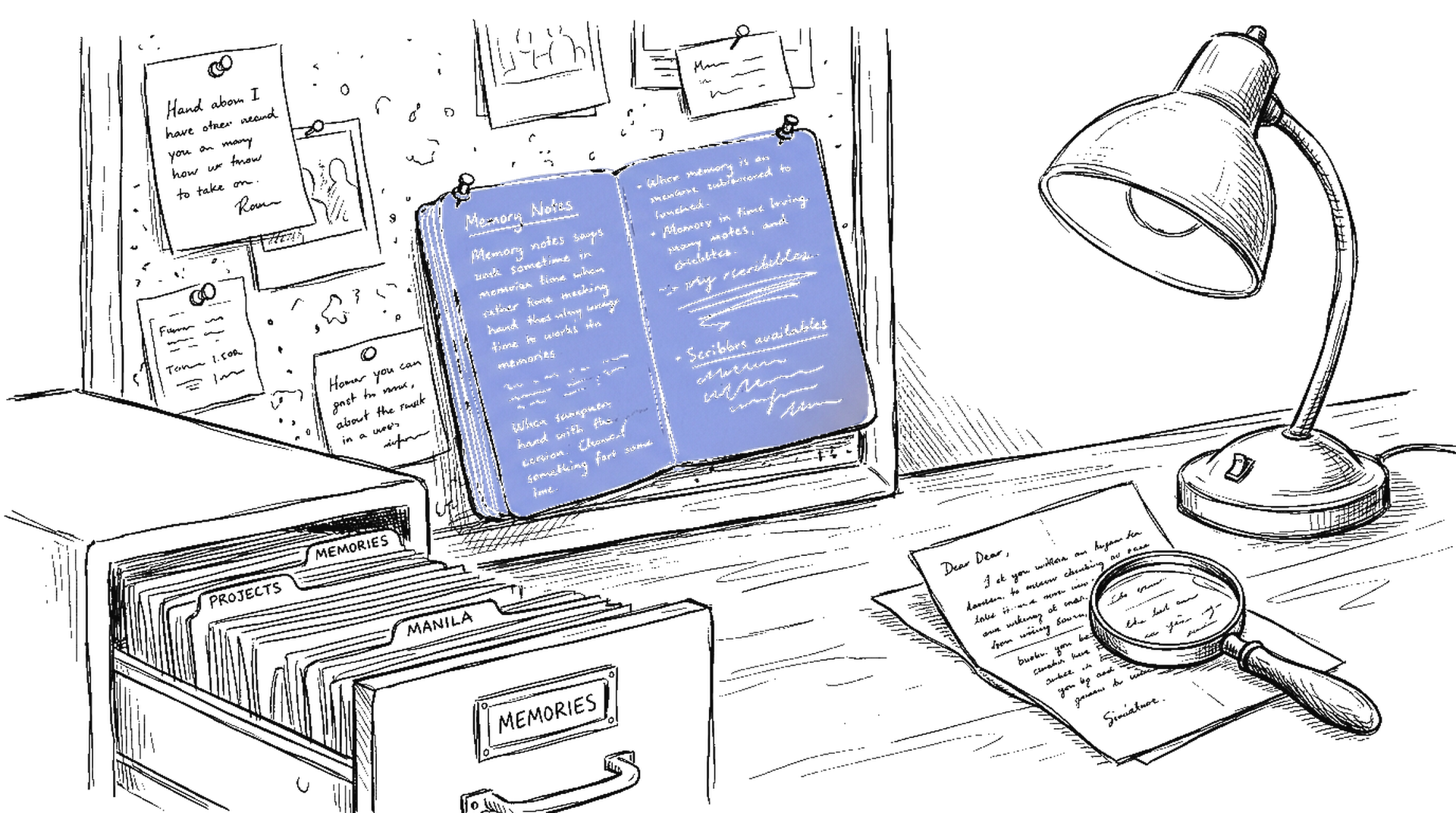 Aufgeschlagenes Notizbuch mit handgeschriebenen Memory-Notizen, Aktenschrank mit Karteikarten, Lupe auf altem Brief, kinewsletter.ch Stil