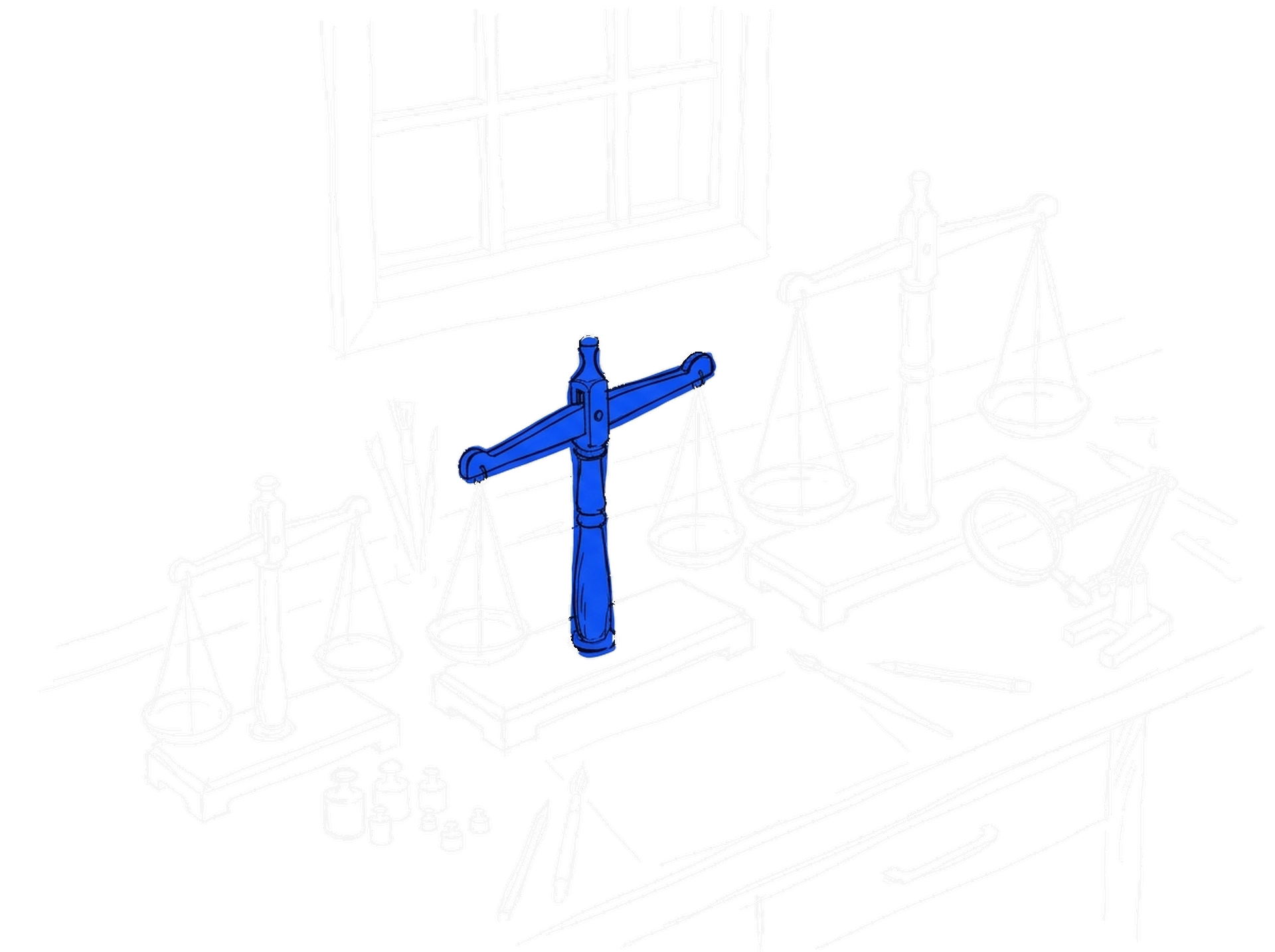 Handgezeichnete Skizze einer Werkbank mit drei Balkenwaagen unterschiedlicher Grösse, die mittlere leuchtet in Blau