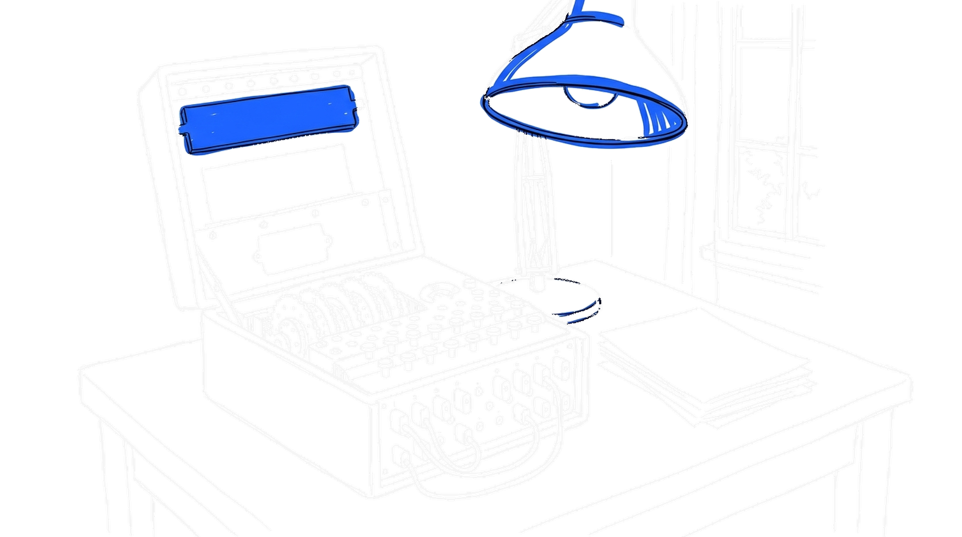 Illustration einer geöffneten Enigma-Chiffriermaschine auf einem Holzschreibtisch mit freiliegenden Rotoren, leeren Papierbögen und einer Schreibtischlampe, kinewsletter.ch Stil