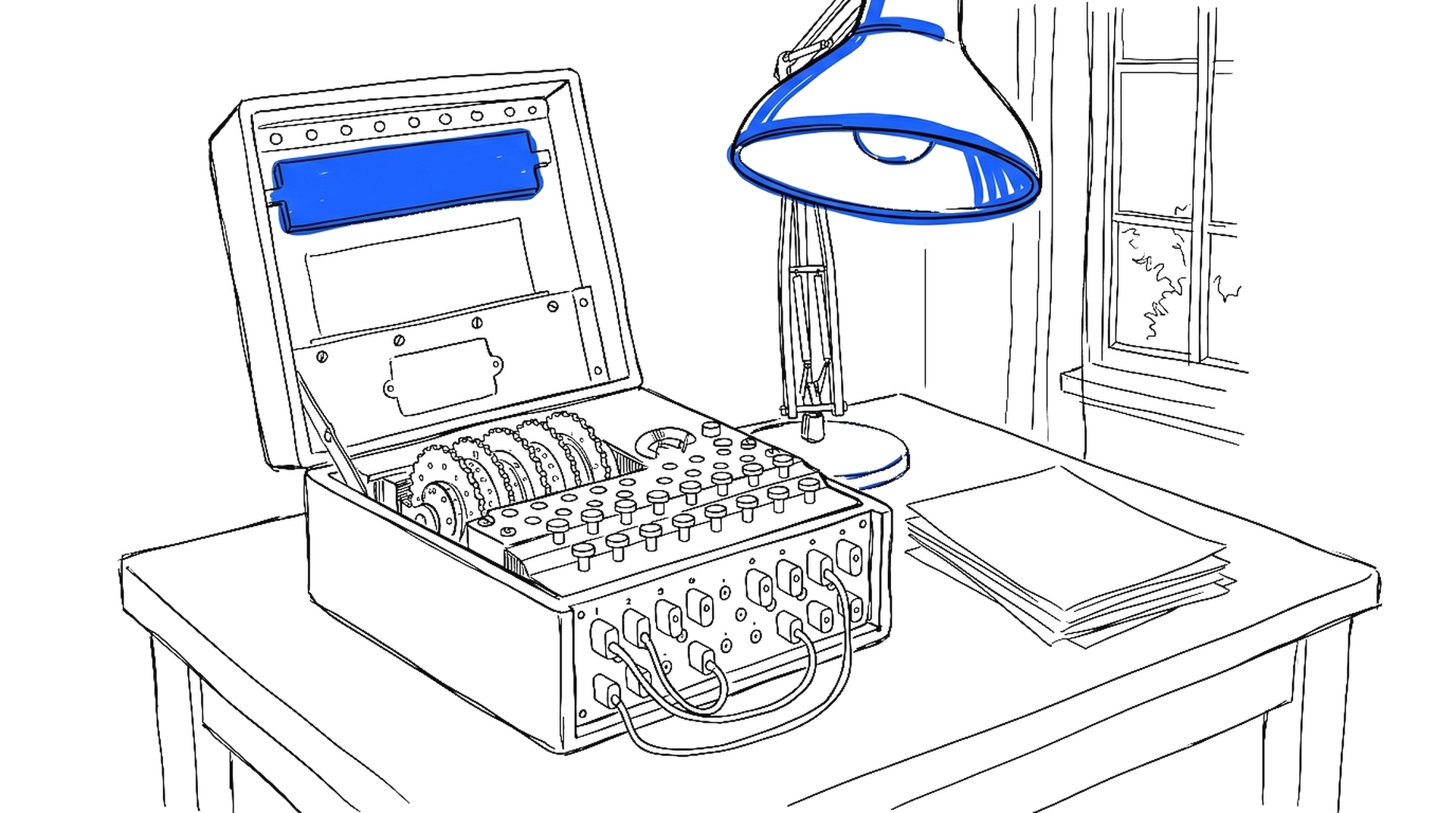 Illustration einer geöffneten Enigma-Chiffriermaschine auf einem Holzschreibtisch mit freiliegenden Rotoren, leeren Papierbögen und einer Schreibtischlampe, kinewsletter.ch Stil