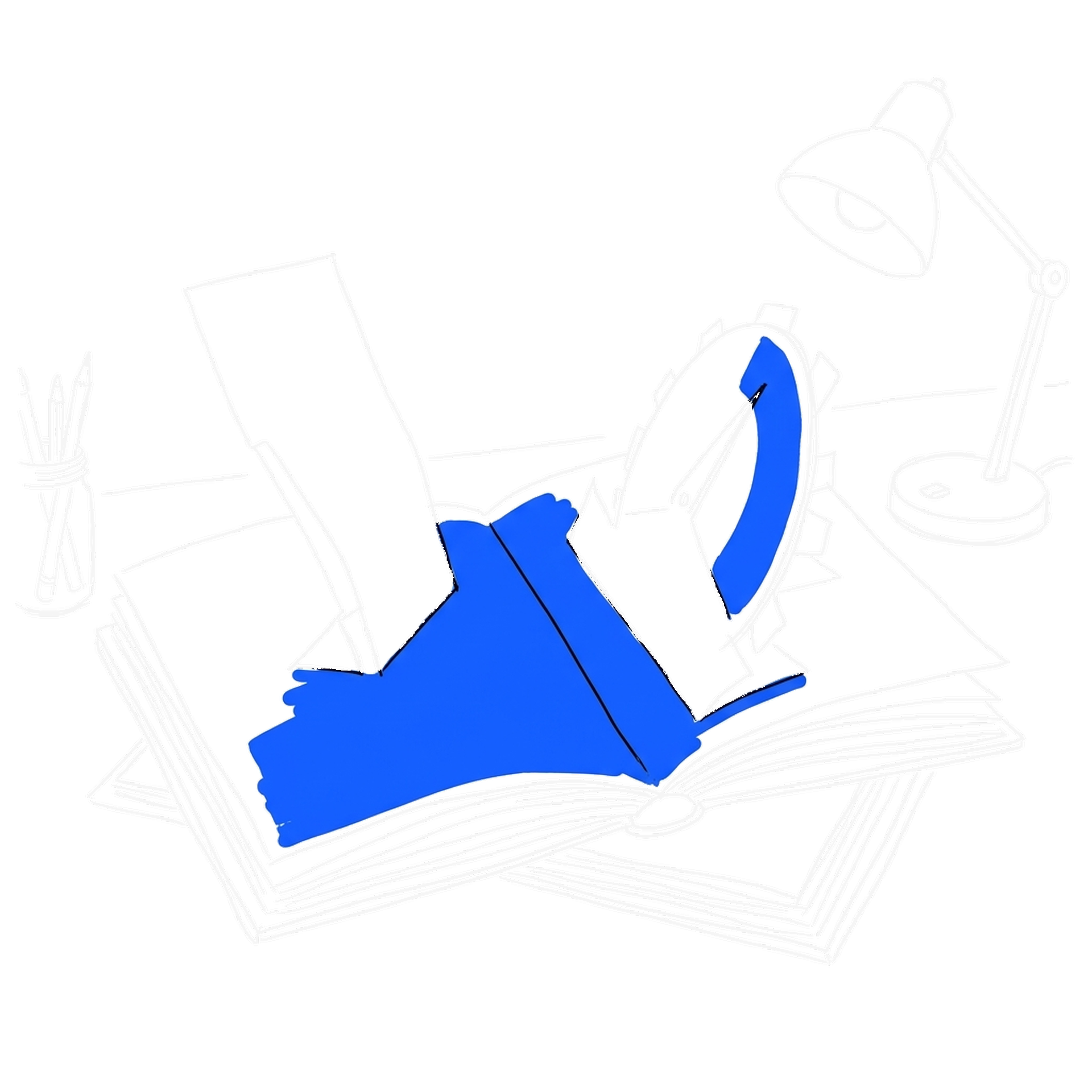 Handgezeichnete Skizze eines aufgeklappten Pop-up-Buchs auf einem Holztisch mit blauem Zifferblatt und Hebel, daneben Schreibtischlampe und Stiftebecher