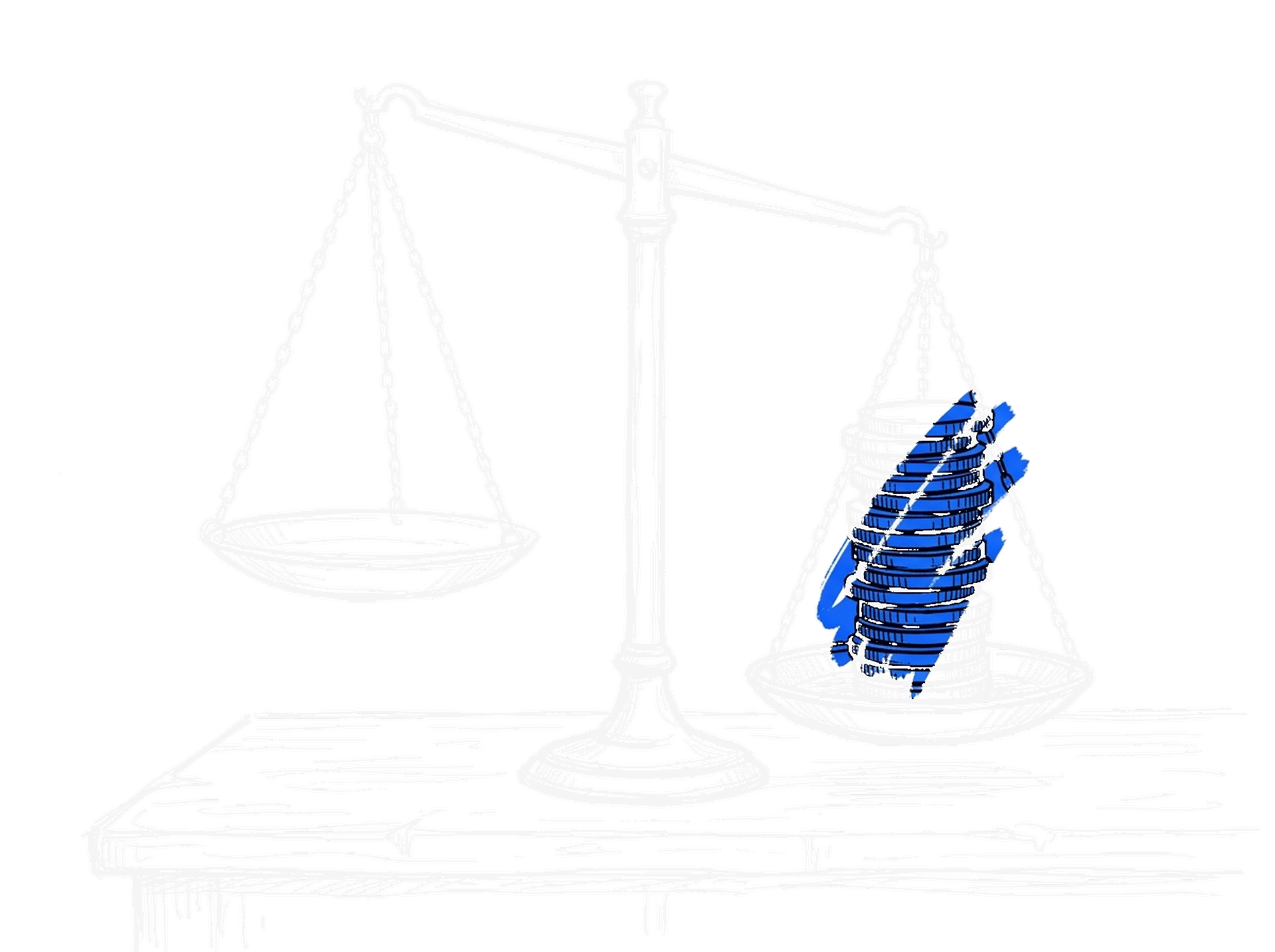 Illustration einer Balkenwaage mit Münzstapel in Elektroblau, kinewsletter.ch Stil