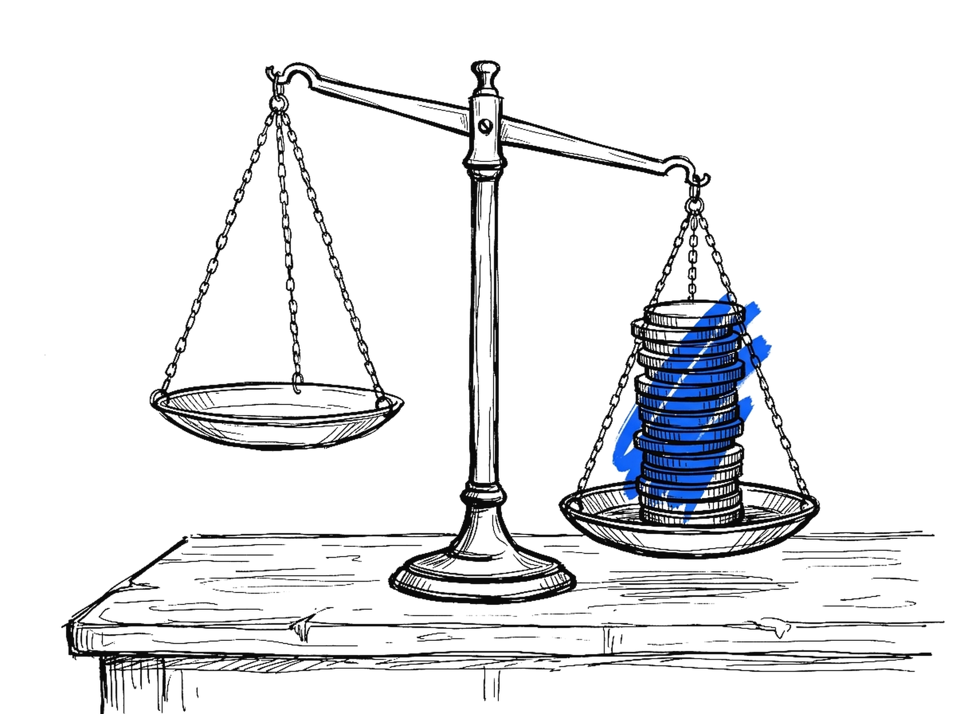 Illustration einer Balkenwaage mit Münzstapel in Elektroblau, kinewsletter.ch Stil