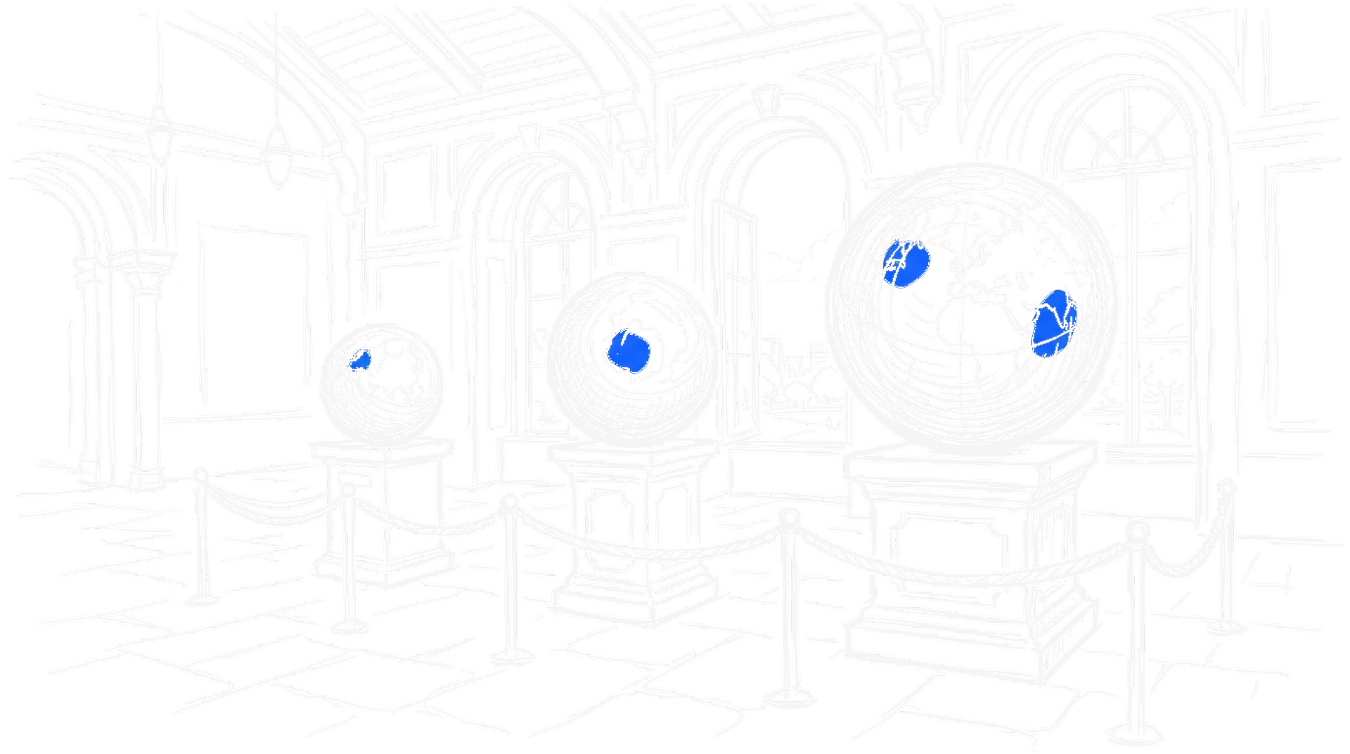 Handgezeichnete Skizze von drei unterschiedlich grossen Kugeln auf Podesten in einer Observatoriumshalle, davor eine Absperrkordel, mit elektroblauem Akzent (Dark Mode)