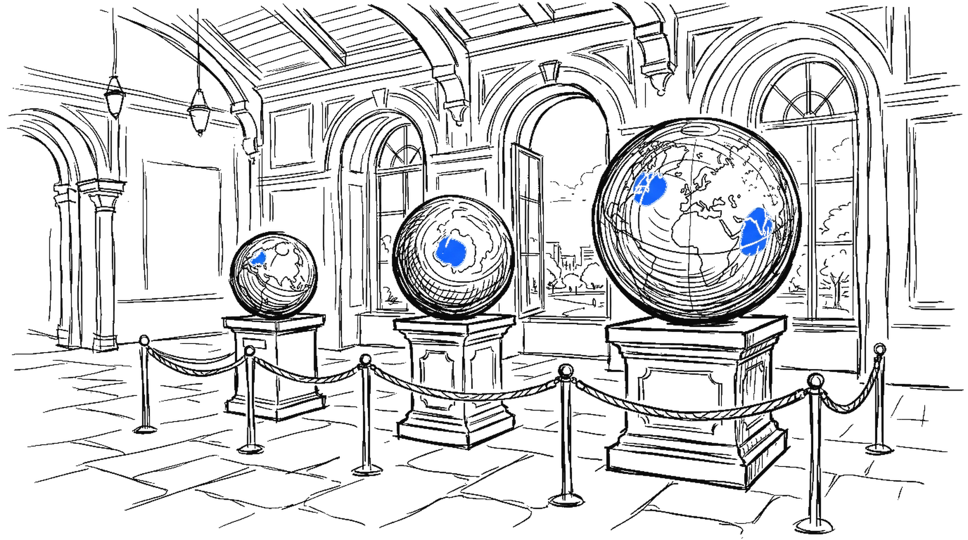 Handgezeichnete Skizze von drei unterschiedlich grossen Kugeln auf Podesten in einer Observatoriumshalle, davor eine Absperrkordel, mit elektroblauem Akzent