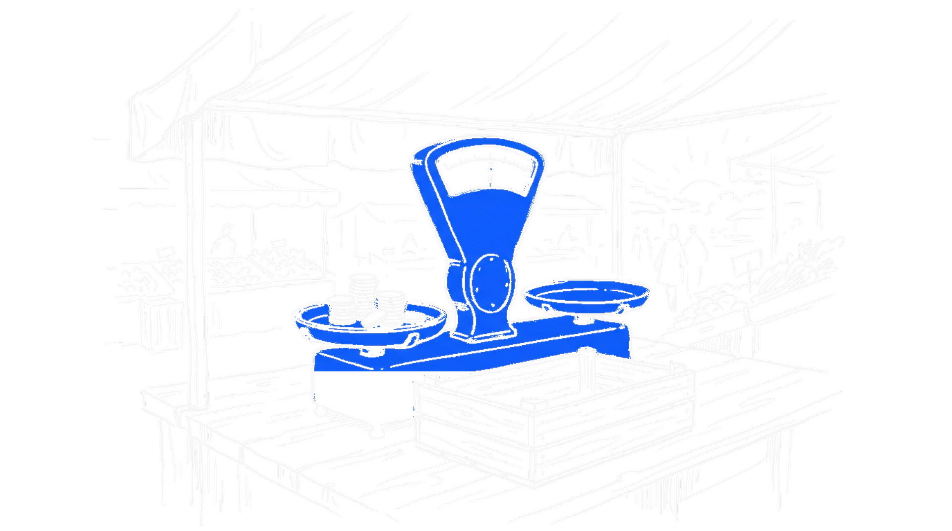 Illustration einer Marktwaage mit Münzen auf einer Waagschale, kinewsletter.ch Stil