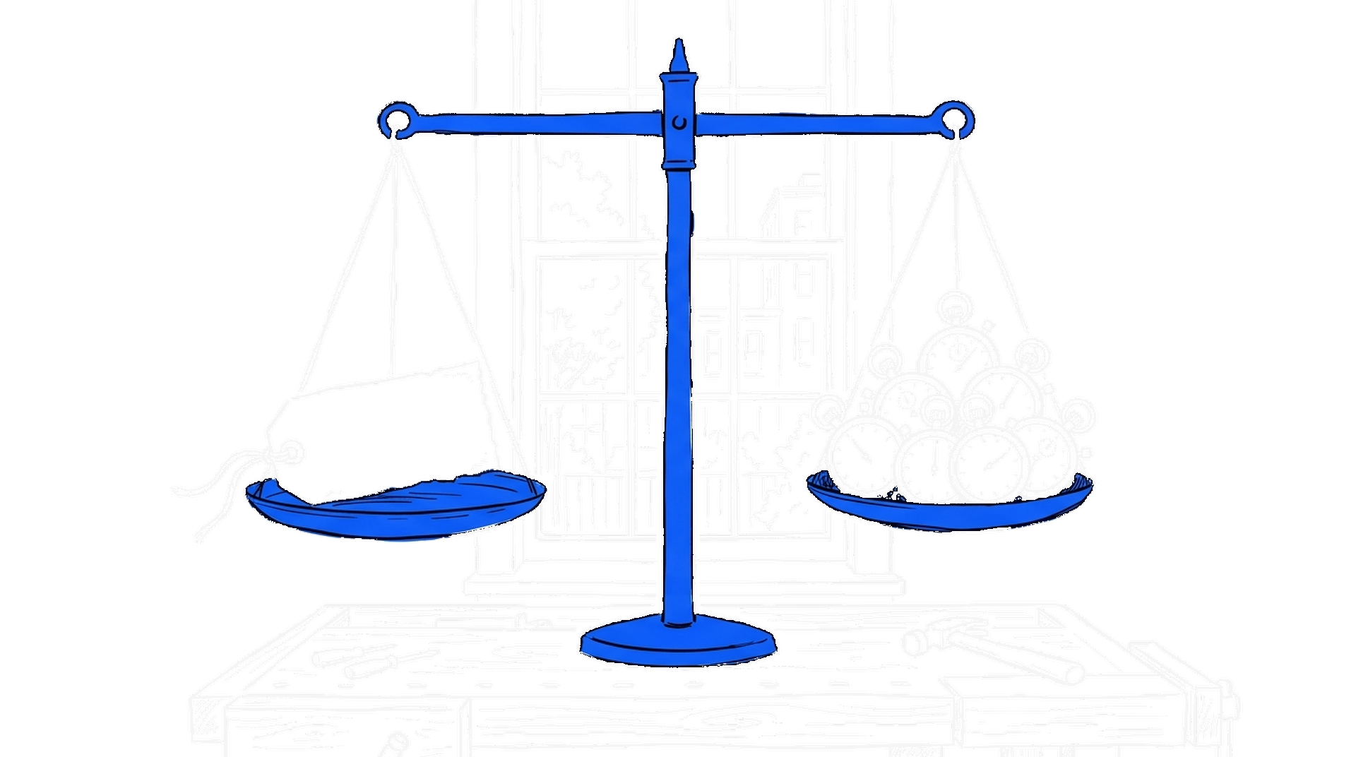 Illustration einer Waage mit Preisschild und Stoppuhren auf einer Werkbank am Fenster, kinewsletter.ch Stil