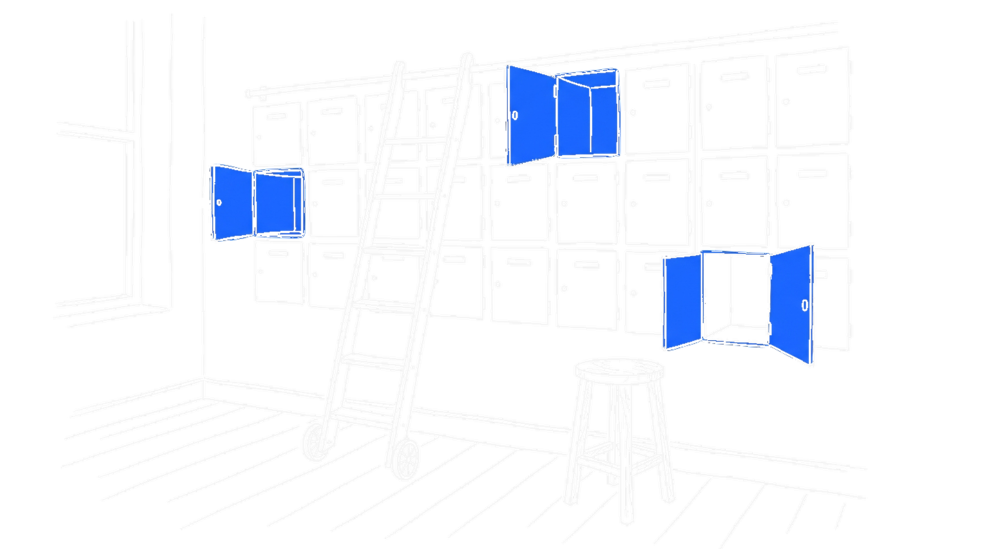 Handgezeichnete Skizze einer Wand aus schlichten Metall-Briefkastentüren, von denen drei elektroblau gestrichen und weit geöffnet sind, davor eine Rollleiter und ein leerer Holzhocker, kinewsletter.ch Stil