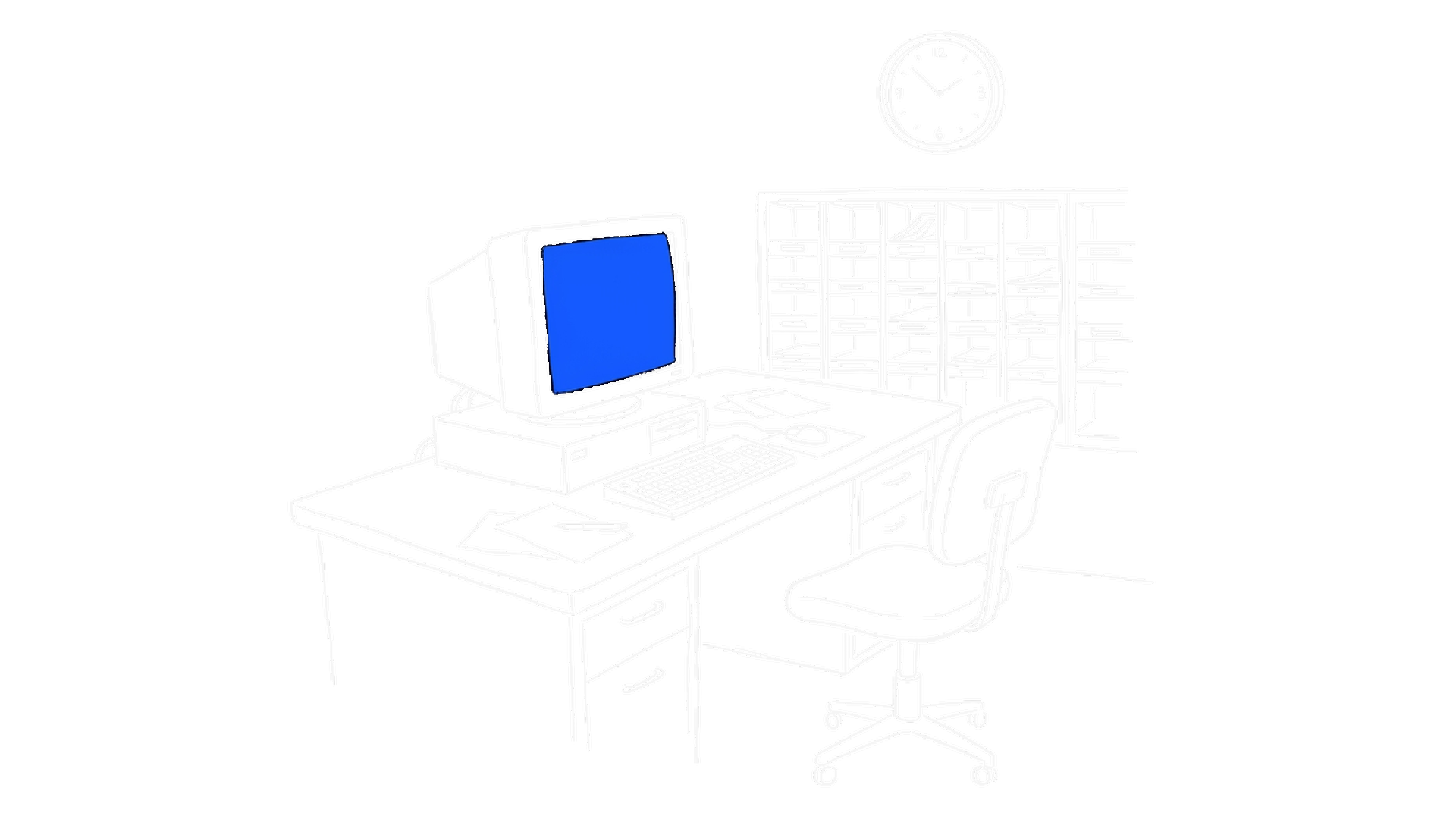 Illustration eines leeren Büroarbeitsplatzes mit Computer und Postfachwand, kinewsletter.ch Stil