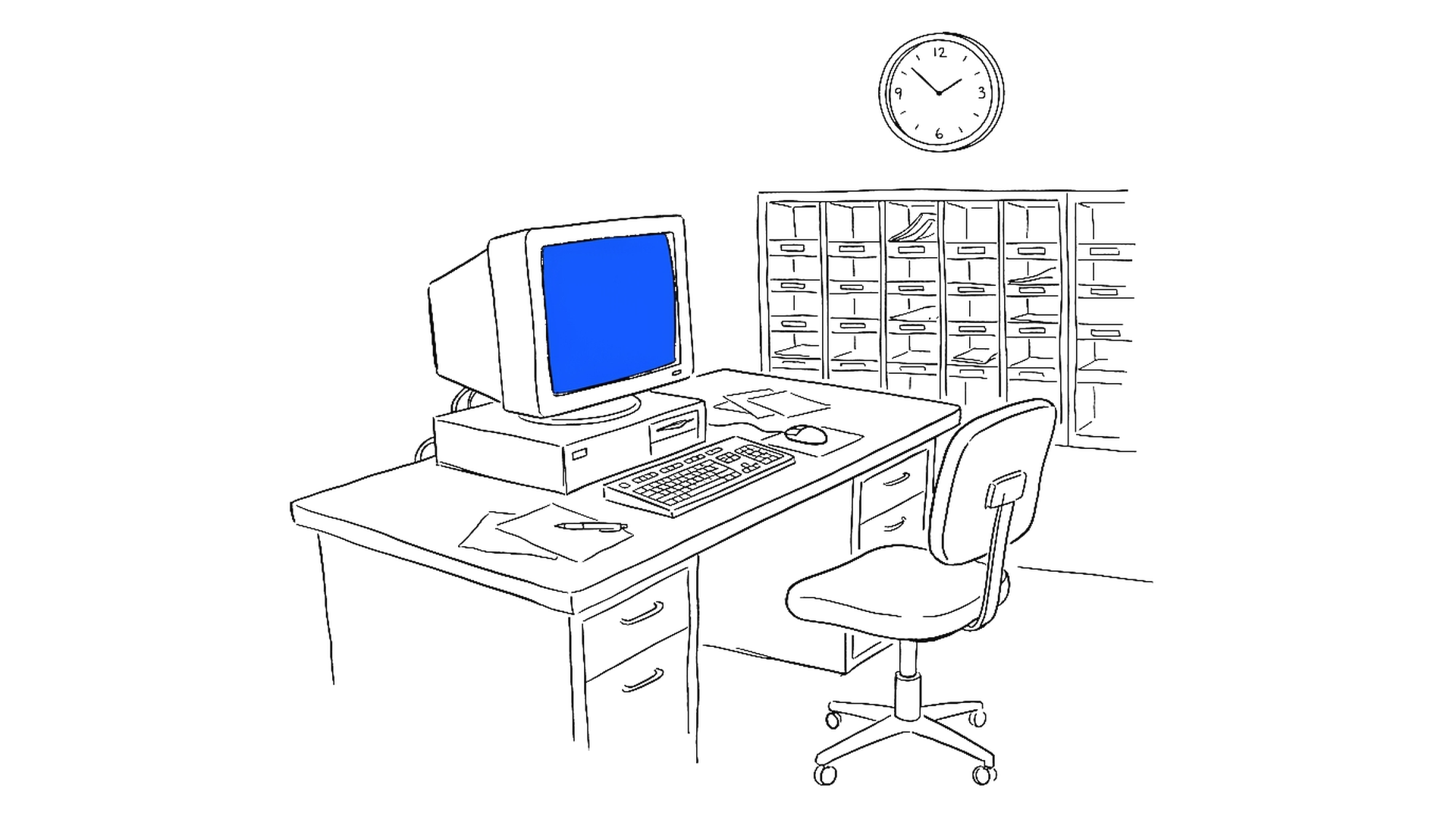 Illustration eines leeren Büroarbeitsplatzes mit Computer und Postfachwand, kinewsletter.ch Stil