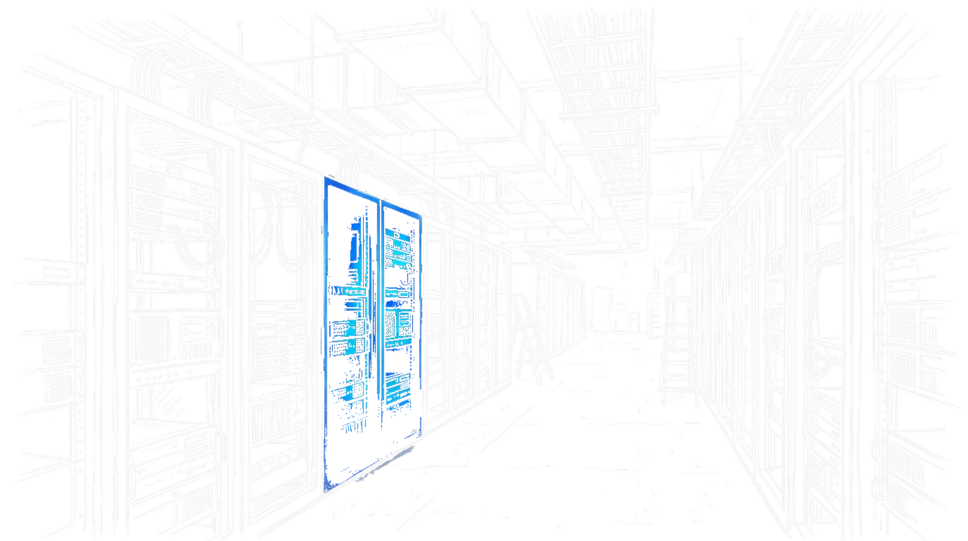Skizze einer Serverhalle mit Rack-Schränken und Kabeln, ein einzelnes elektroblau hervorgehobenes Server-Rack (Dark)