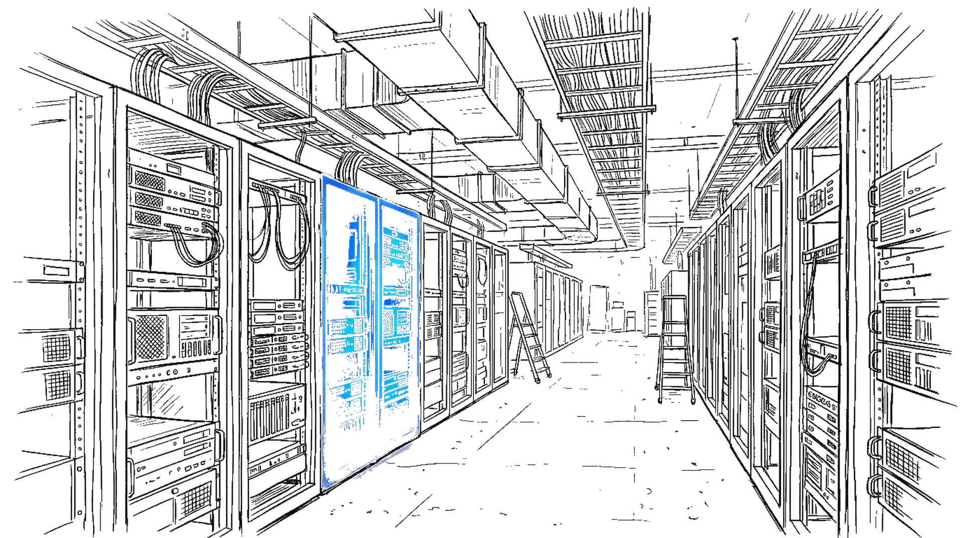Skizze einer Serverhalle mit Rack-Schränken und Kabeln, ein einzelnes elektroblau hervorgehobenes Server-Rack