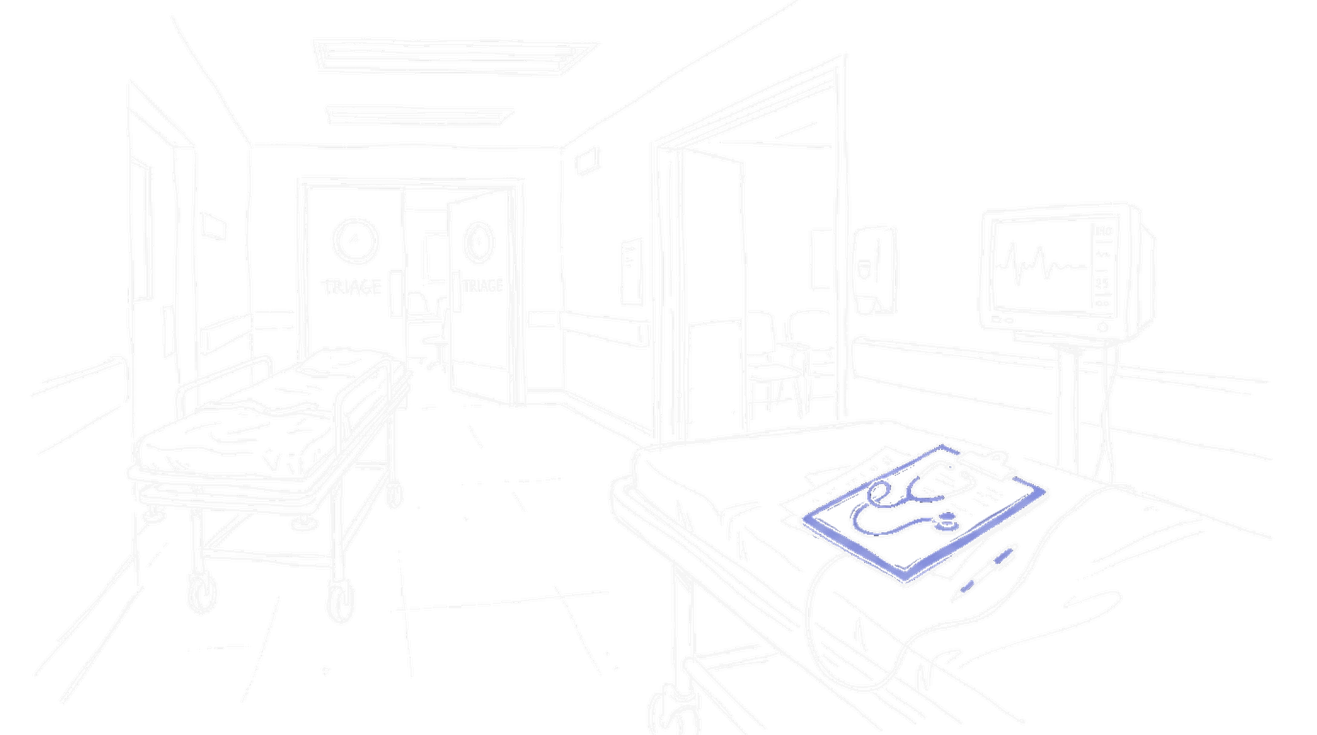 Illustration eines Notfallraum-Korridors mit Stretcher, Stethoskop und Vital-Monitor, kinewsletter.ch Stil