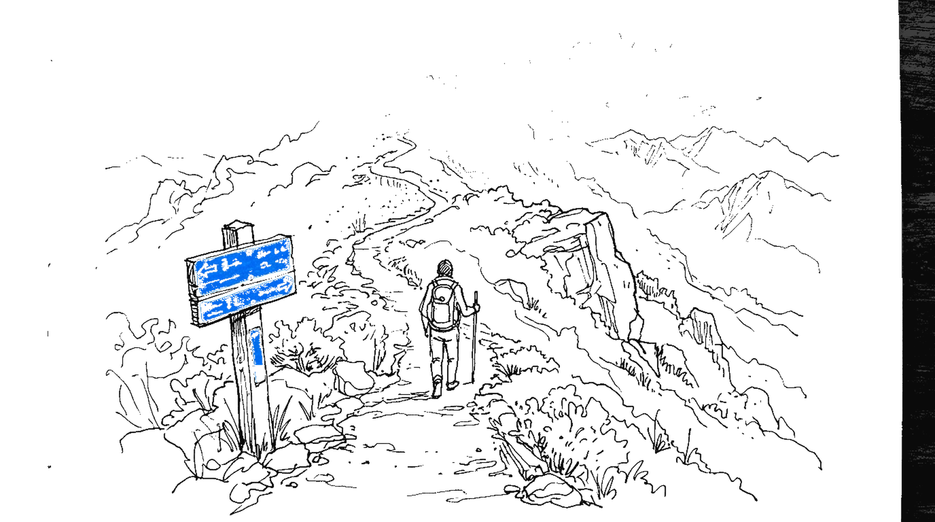 Skizze eines Wanderers auf einem Bergpfad mit elektroblauem Wegweiser, der zu einem nebligen Gipfel führt