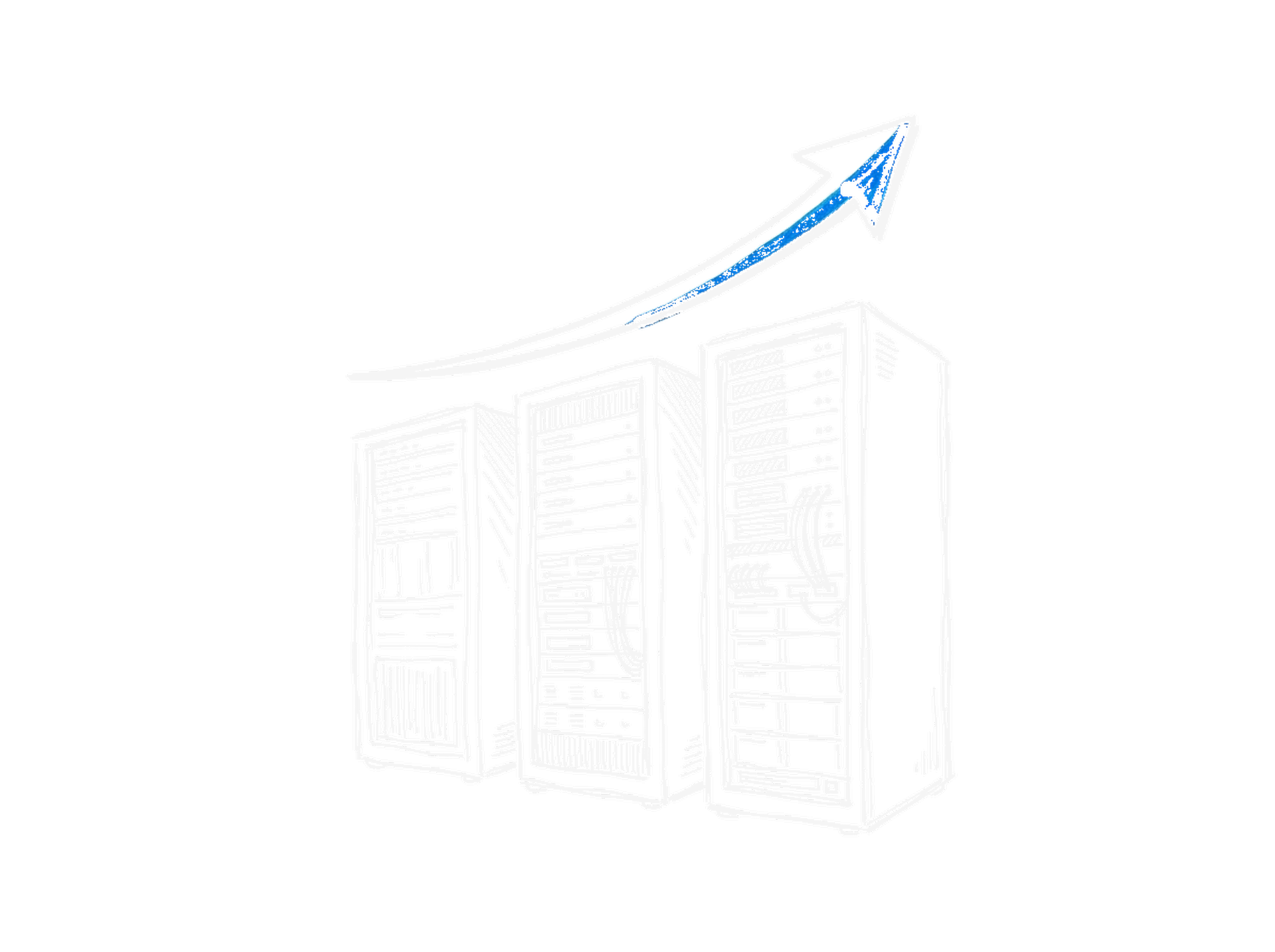 Skizze von Server-Racks mit einem steil nach oben schiessenden blauen Pfeil