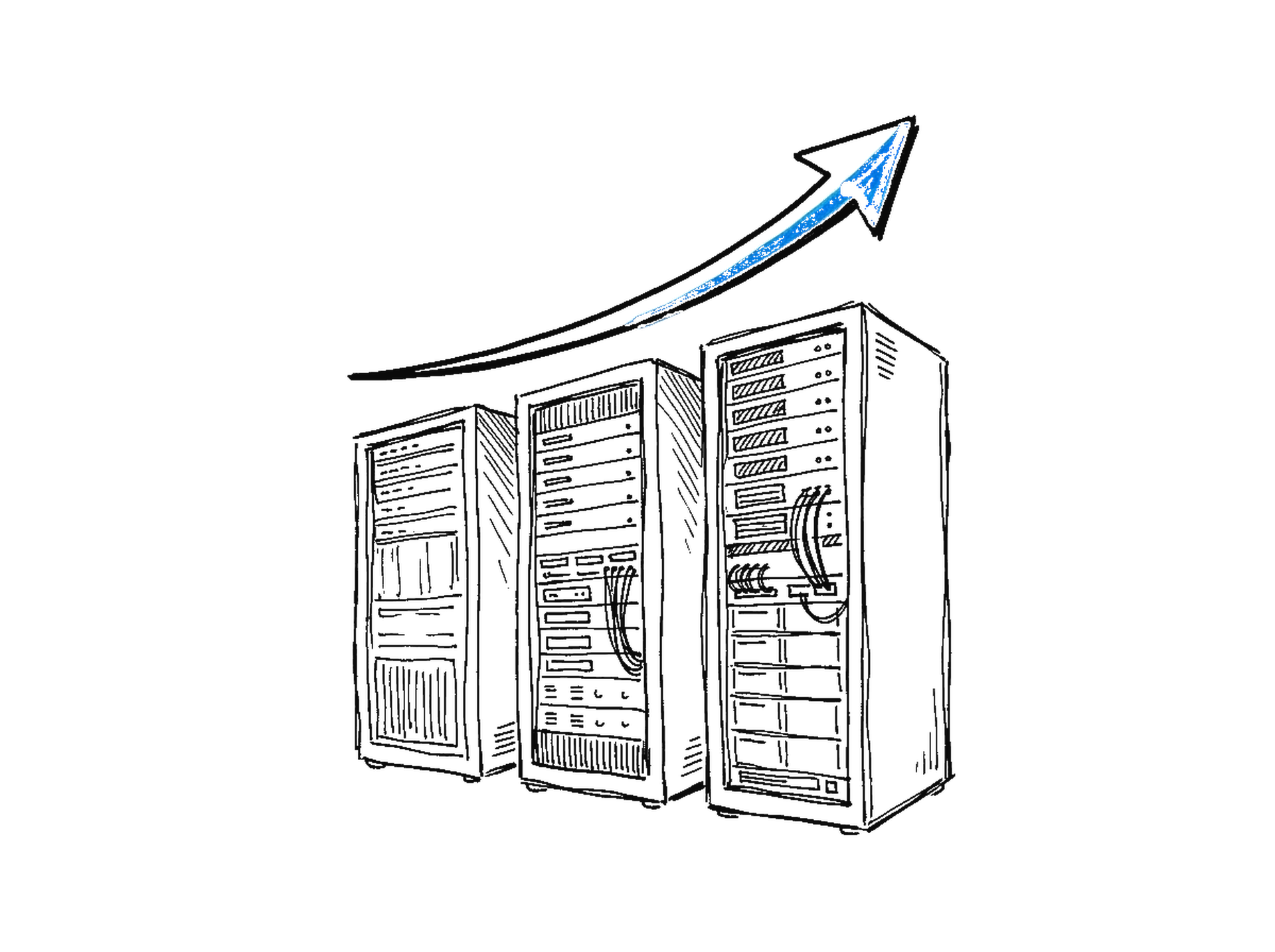 Skizze von Server-Racks mit einem steil nach oben schiessenden blauen Pfeil