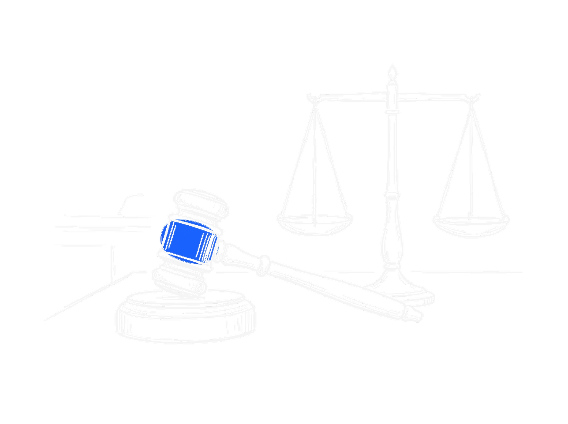 Skizze eines Richterhammers mit blauem Akzent und einer Waage der Gerechtigkeit