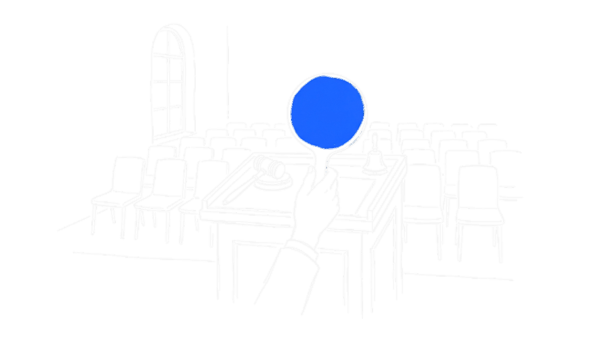 Illustration eines Auktionsraums mit leeren Stuhlreihen, Hammer und einer einzigen erhobenen blauen Bieterkelle, kinewsletter.ch Stil