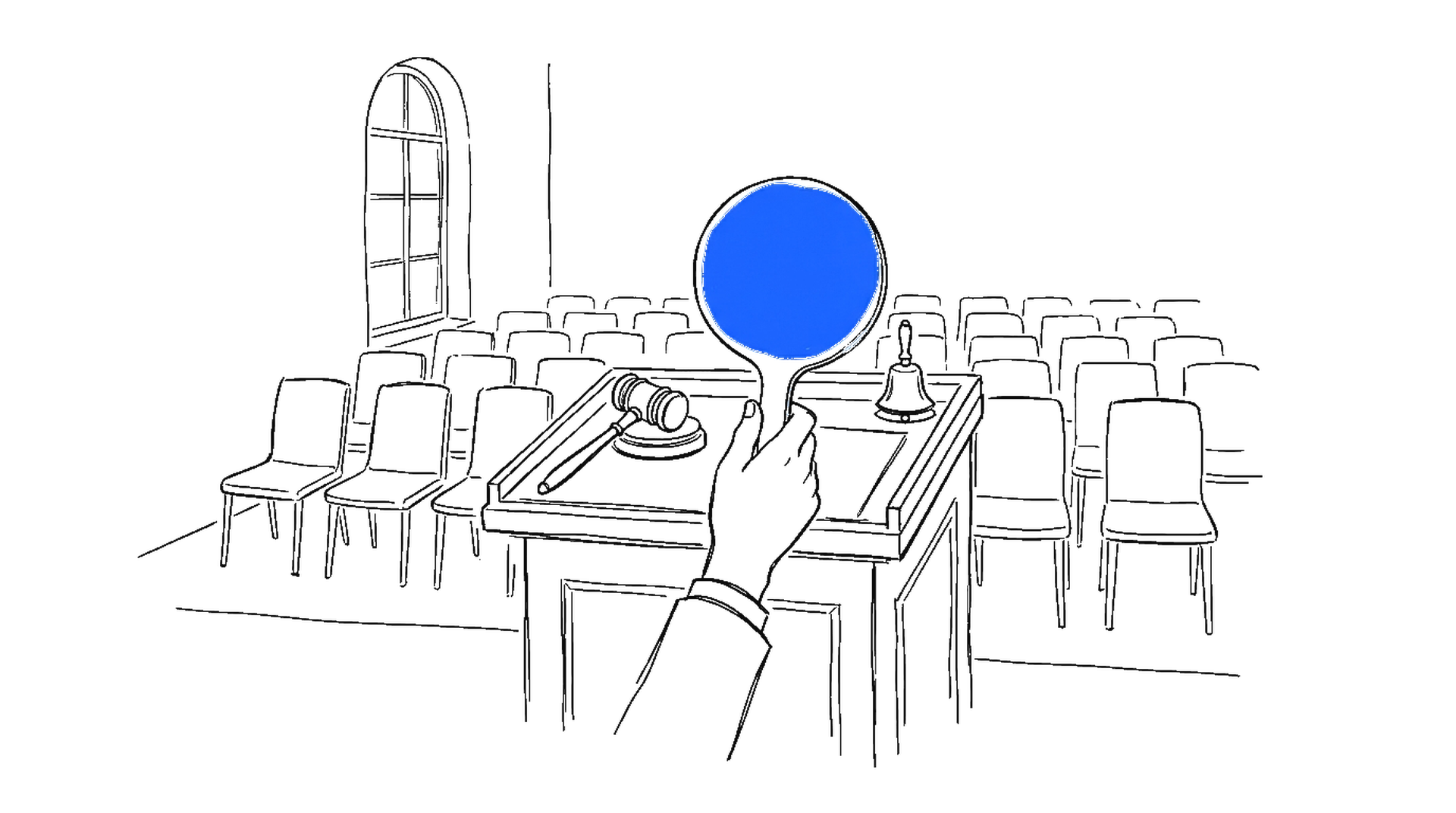 Illustration eines Auktionsraums mit leeren Stuhlreihen, Hammer und einer einzigen erhobenen blauen Bieterkelle, kinewsletter.ch Stil