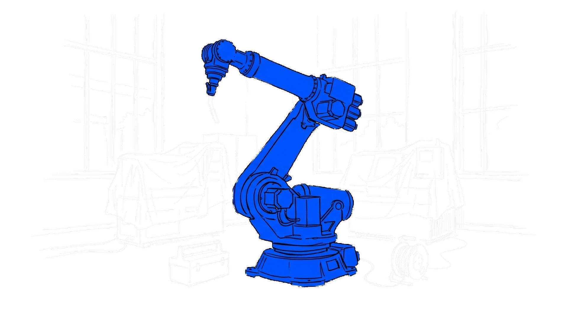 Illustration eines Industrieroboterarms in einer halbleeren Montagehalle mit abgedeckten Maschinen, Werkzeugkasten und Kabeltrommel, kinewsletter.ch Stil