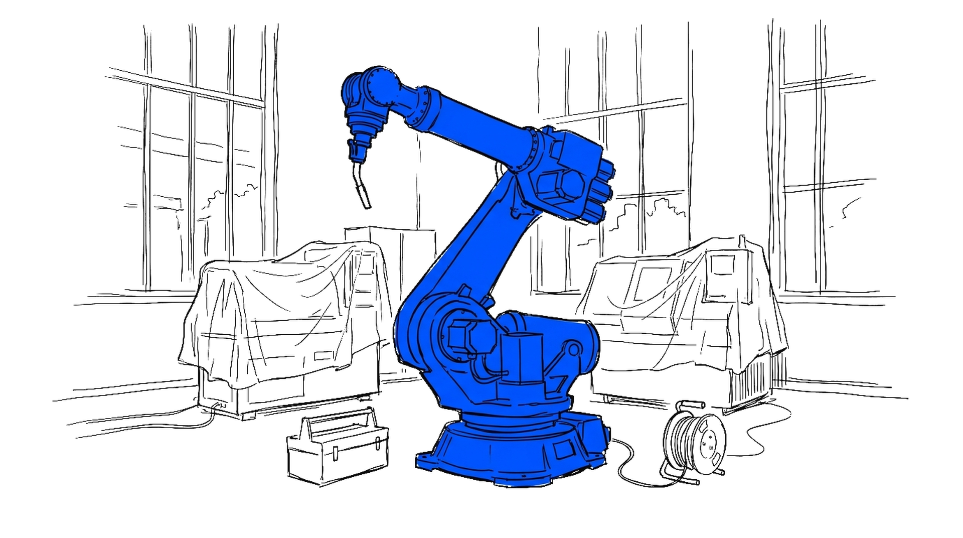 Illustration eines Industrieroboterarms in einer halbleeren Montagehalle mit abgedeckten Maschinen, Werkzeugkasten und Kabeltrommel, kinewsletter.ch Stil