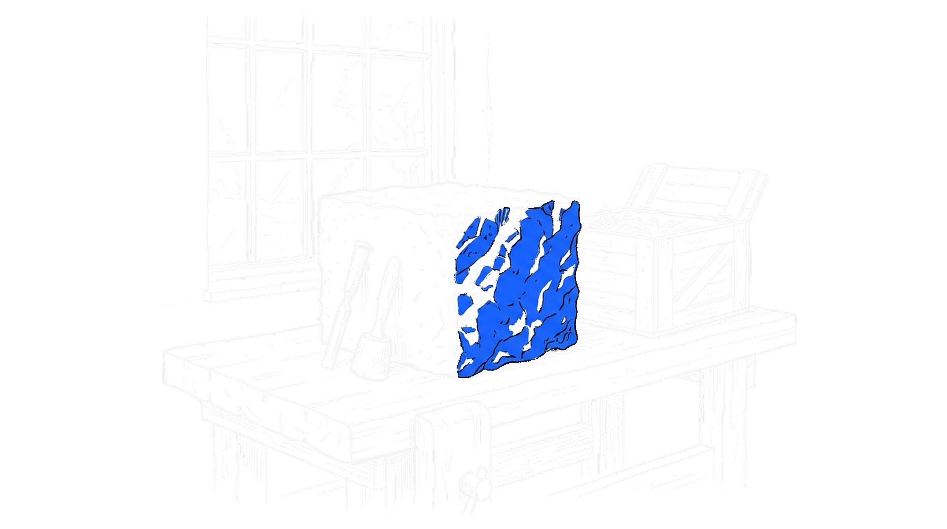 Illustration eines Granitblocks auf einer Steinmetz-Werkbank mit Meissel und Fäustel, daneben eine offene Holzkiste, kinewsletter.ch Stil