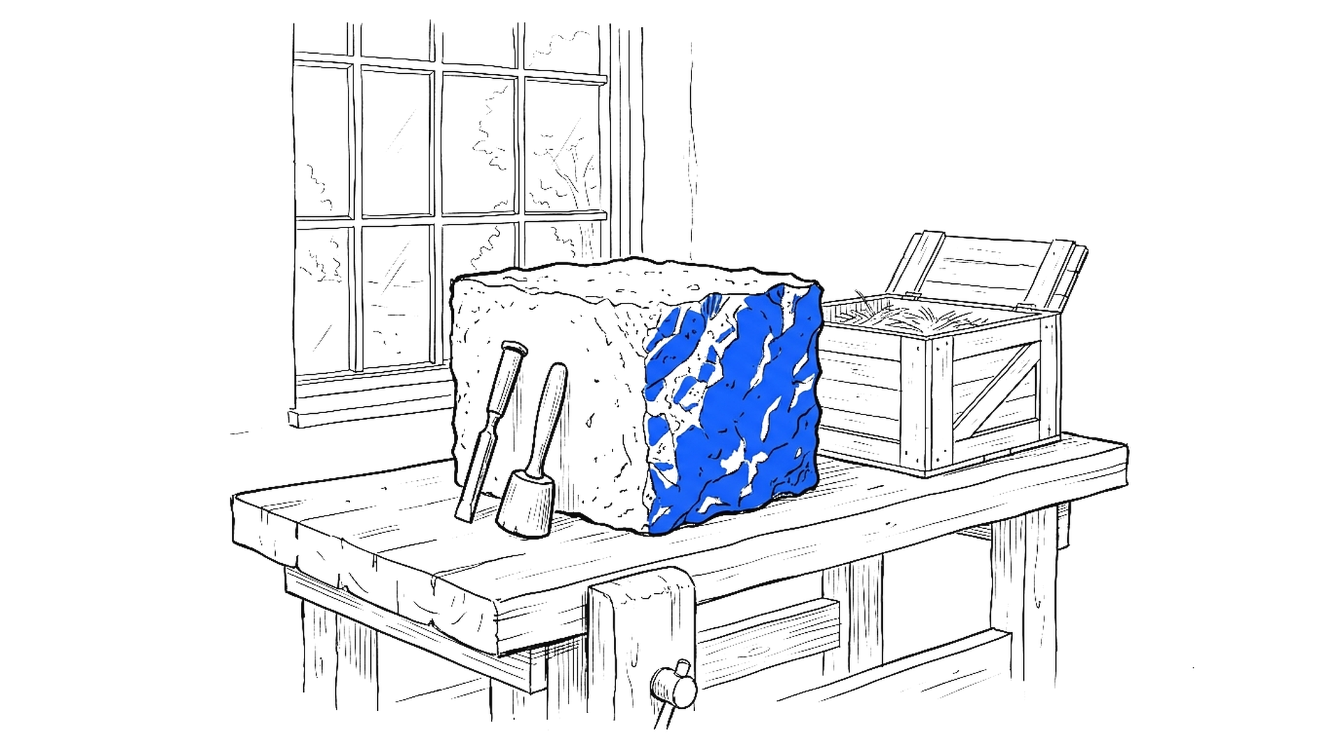Illustration eines Granitblocks auf einer Steinmetz-Werkbank mit Meissel und Fäustel, daneben eine offene Holzkiste, kinewsletter.ch Stil