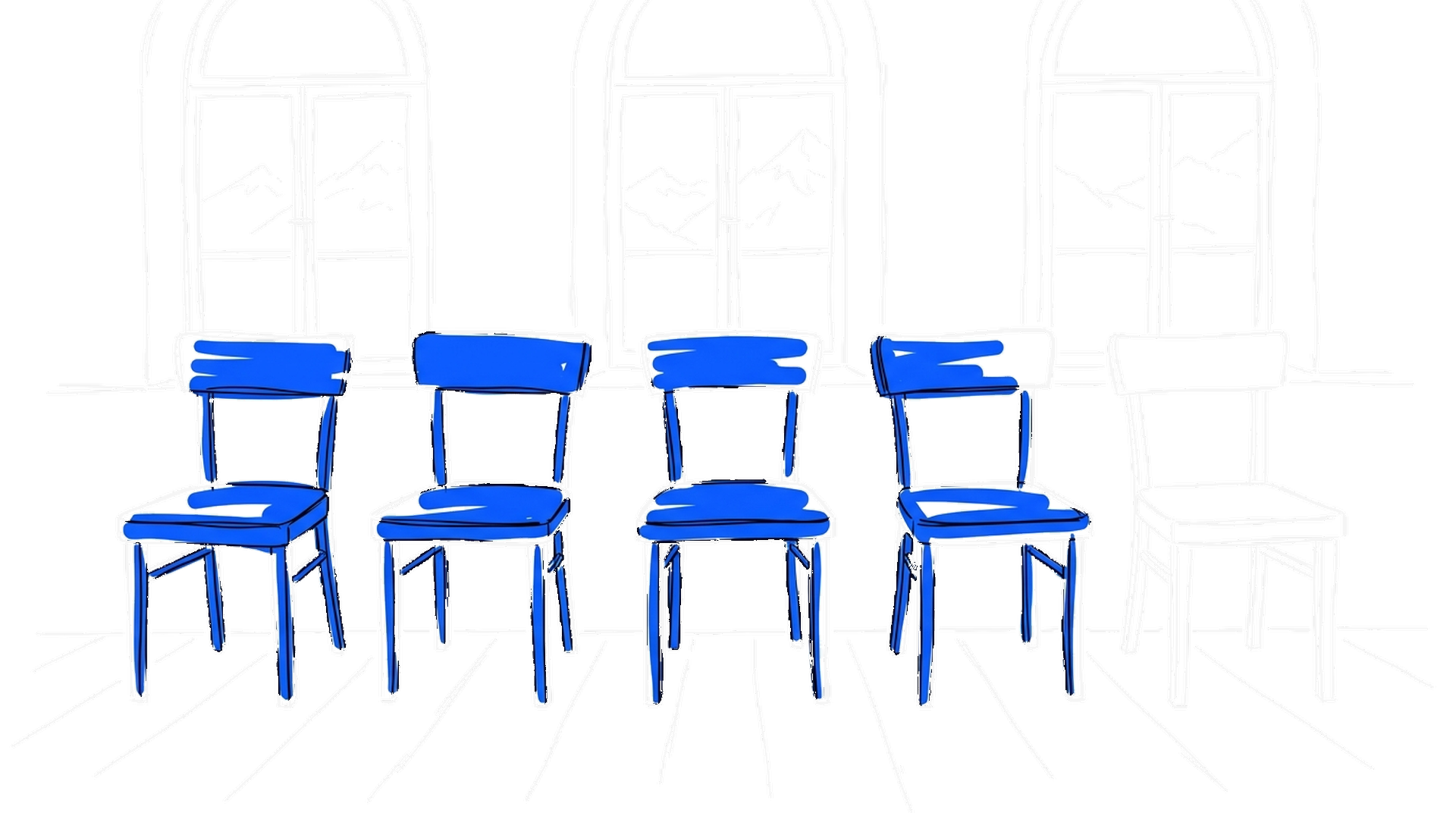 Illustration von fünf Stühlen in einem Gemeindesaal, vier davon elektroblau, kinewsletter.ch Stil