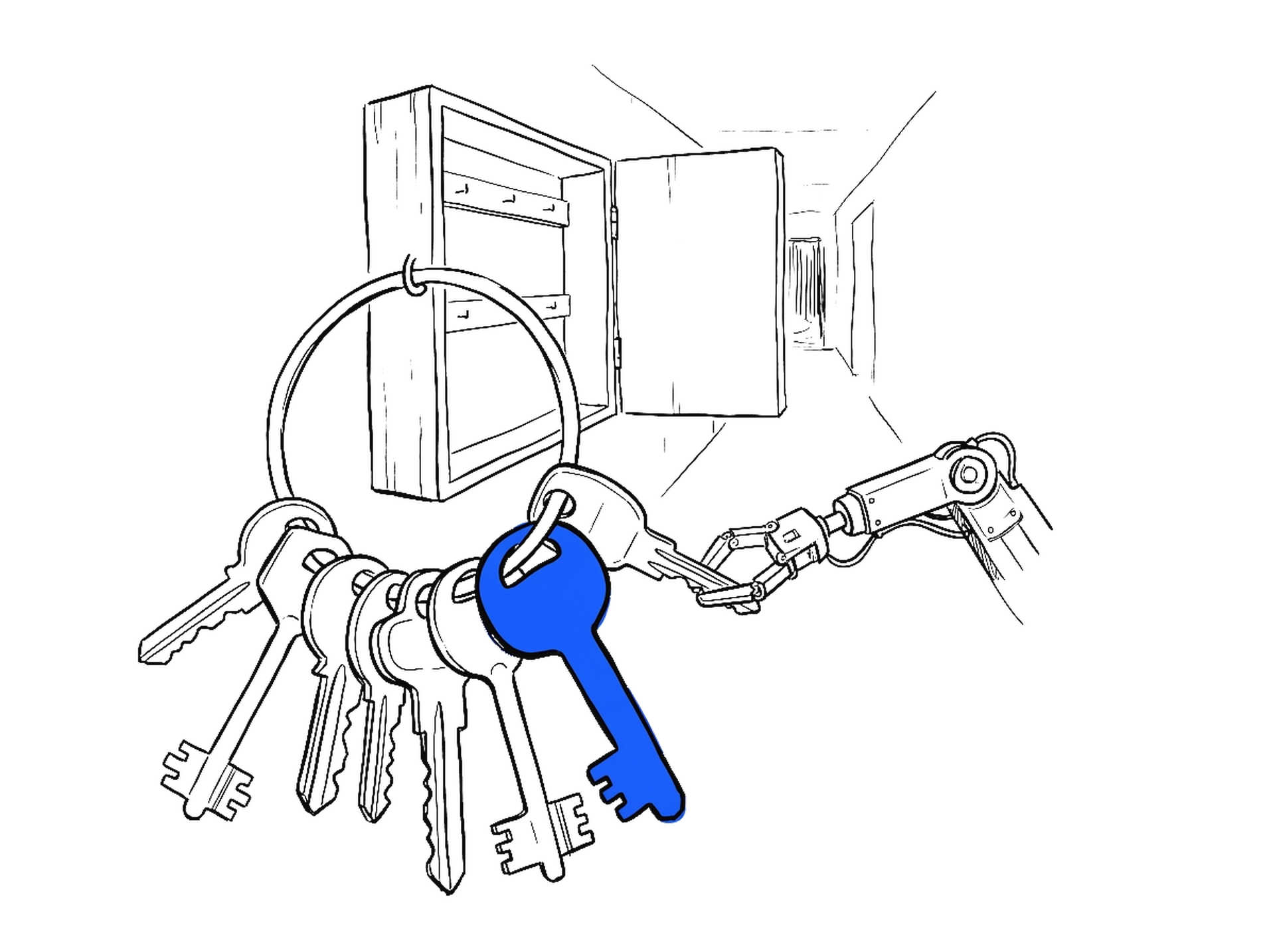 Illustration eines Schlüsselbunds am offenen Schlüsselkasten, ein Roboterarm greift danach, kinewsletter.ch Stil