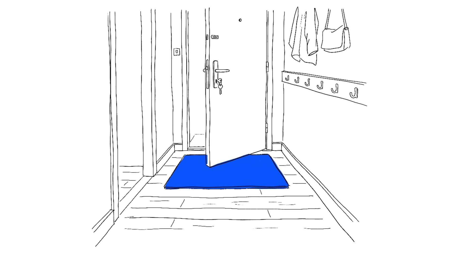 Illustration eines Schlüsselbretts an einer Hotelrezeption mit Reihen von Zimmerschlüsseln, einem leeren Haken und einem übergrossen Schlüssel auf dem Tresen, kinewsletter.ch Stil