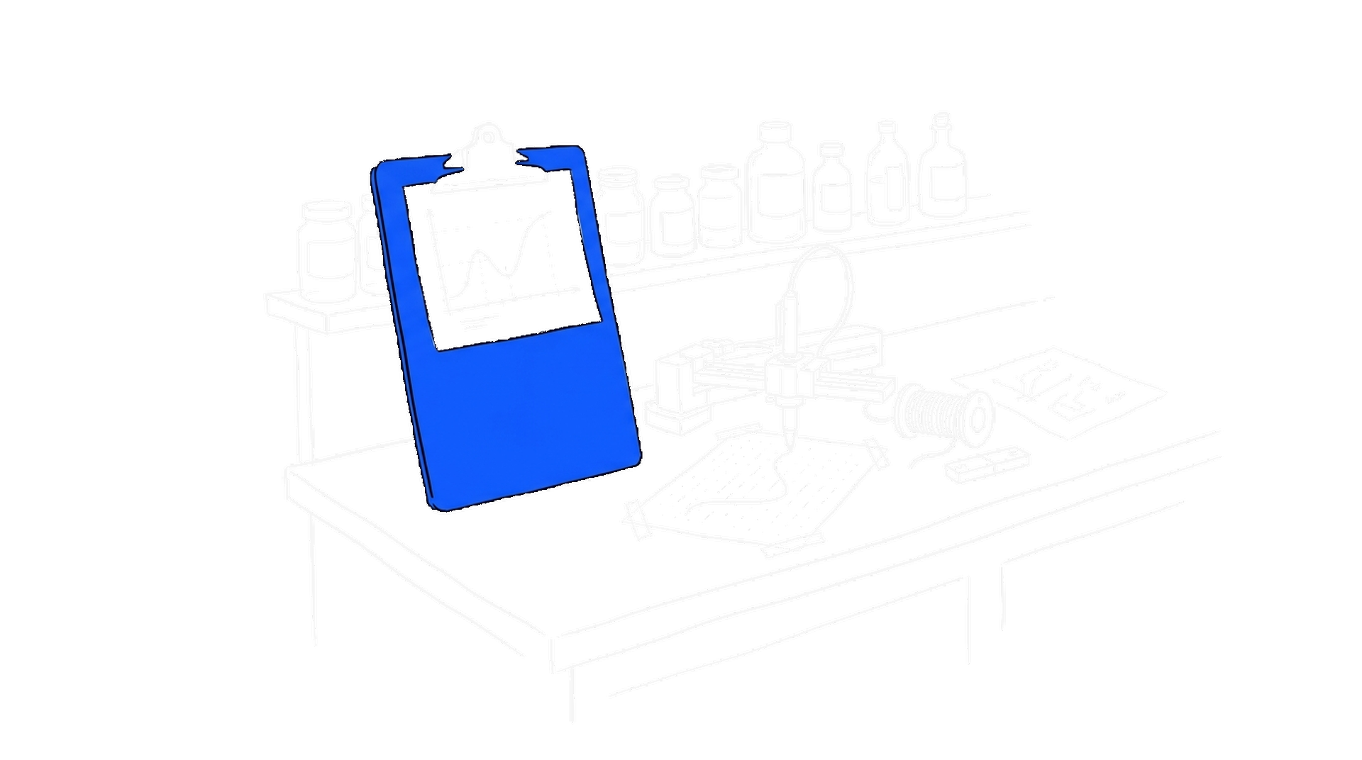 Illustration einer Laborwerkbank mit geschwärztem Paper und Plotterkurve, kinewsletter.ch Stil