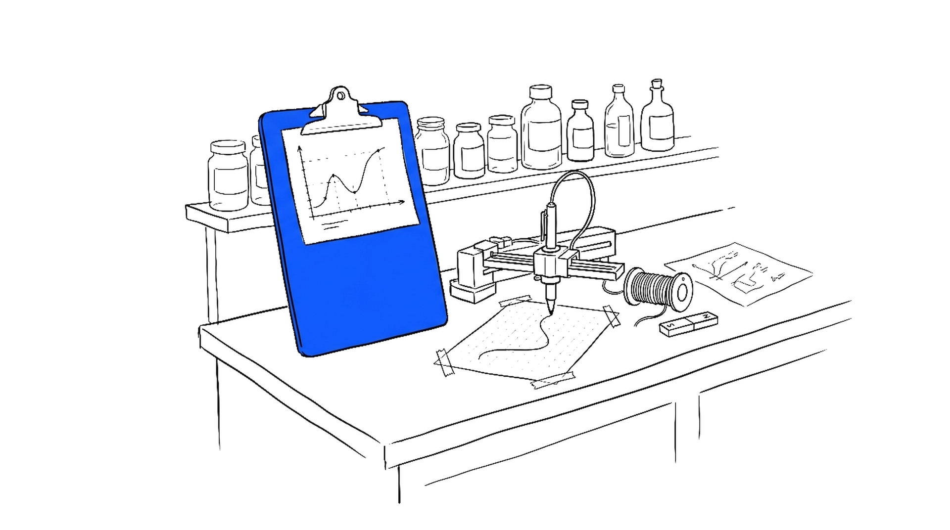 Illustration einer Laborwerkbank mit geschwärztem Paper und Plotterkurve, kinewsletter.ch Stil