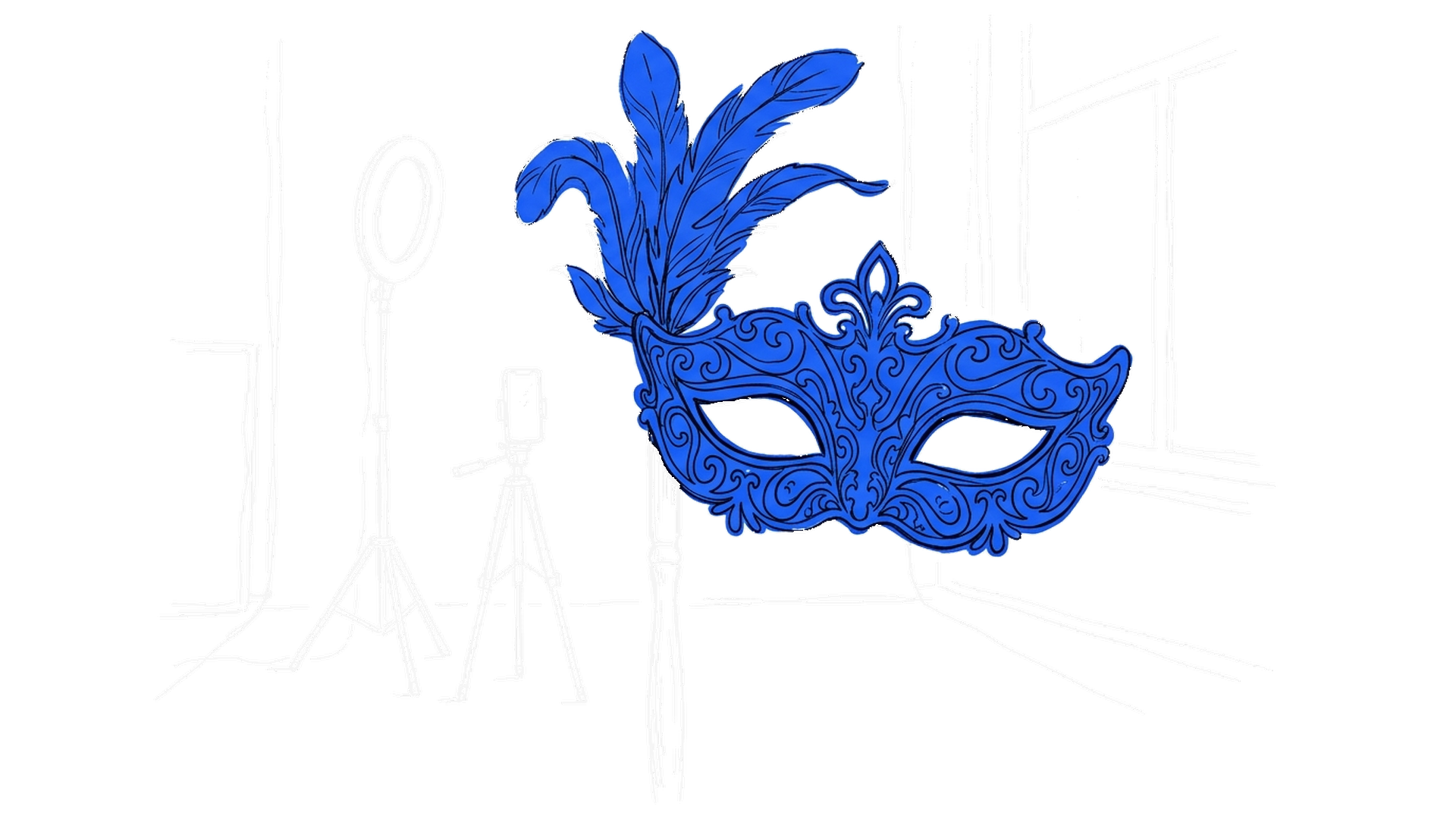 Illustration einer venezianischen Maske vor Ringlicht und Handy-Stativ, kinewsletter.ch Stil
