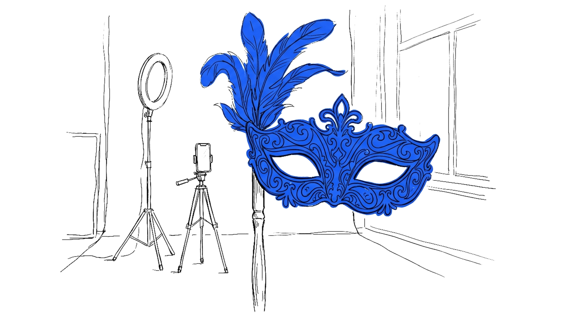 Illustration einer venezianischen Maske vor Ringlicht und Handy-Stativ, kinewsletter.ch Stil