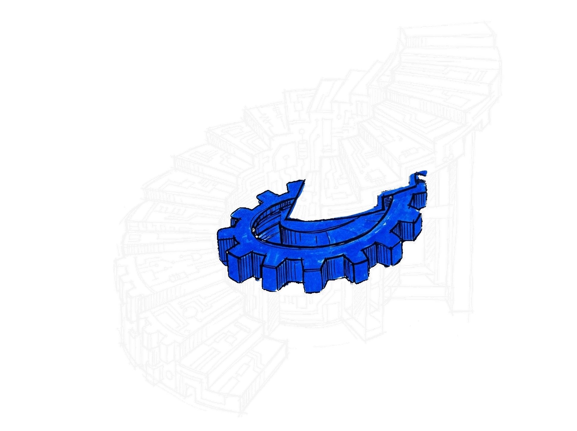 Tuschskizze einer Wendeltreppe aus Zahnrädern und Platinen mit einem blau gefüllten Zahnrad im Zentrum