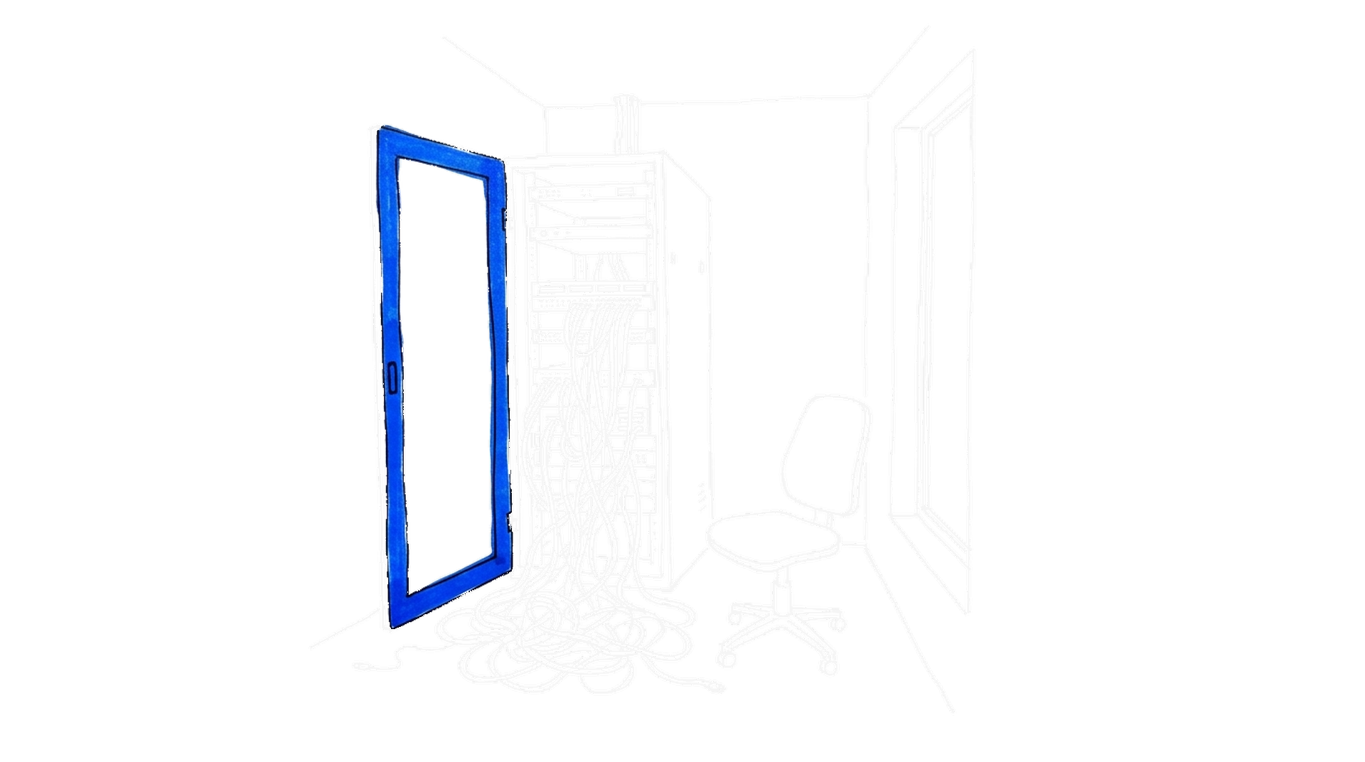 Illustration eines Serverraums mit weit offenstehender Schranktür und verhedderten Netzwerkkabeln, kinewsletter.ch Stil