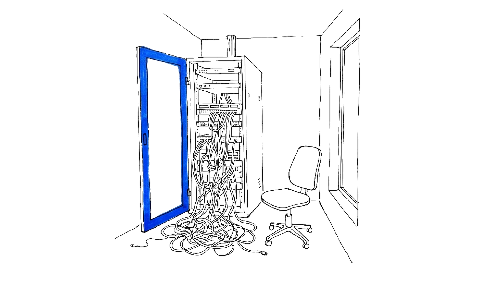 Illustration eines Serverraums mit weit offenstehender Schranktür und verhedderten Netzwerkkabeln, kinewsletter.ch Stil