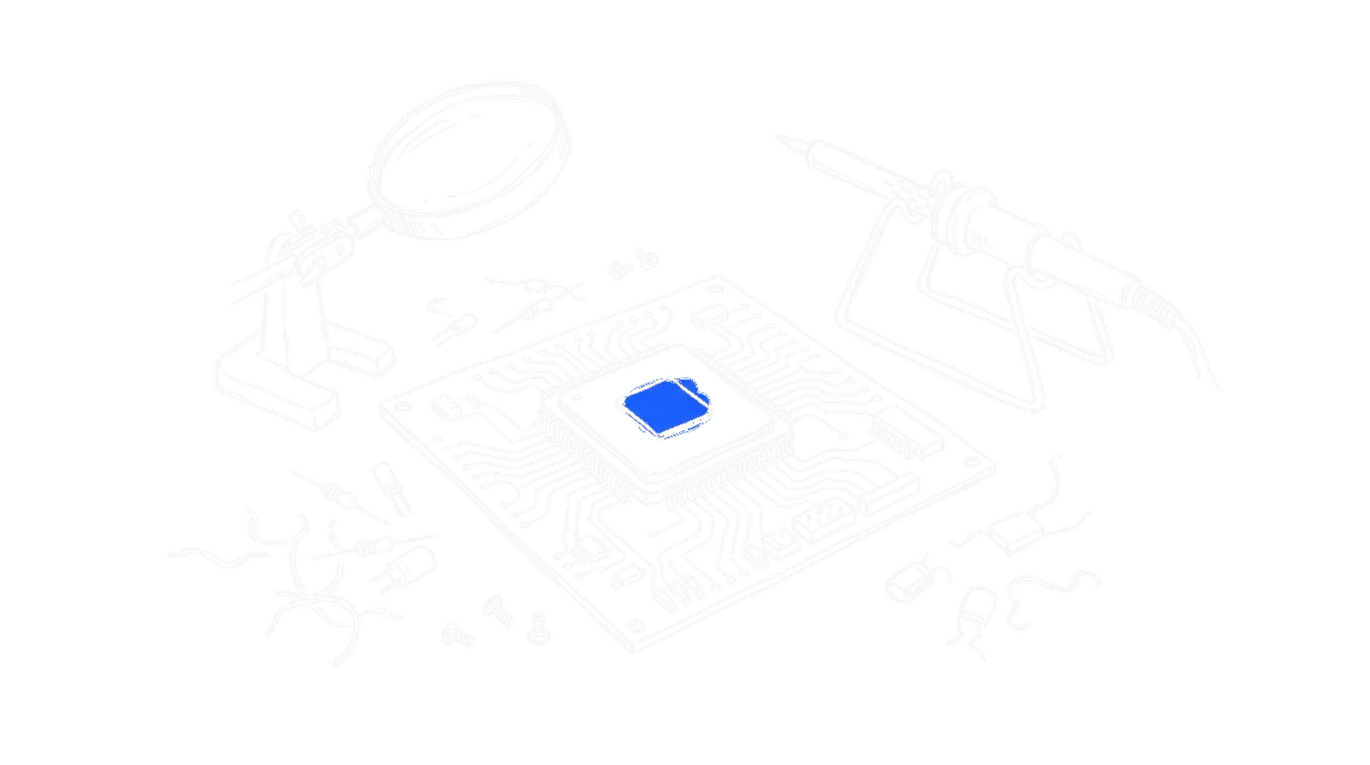 Handgezeichnete Skizze eines grossen Prozessor-Chips auf einer Platine auf einer Werkbank, mit Lupe und Loetkolben, mit elektroblauem Akzent (Dark Mode)